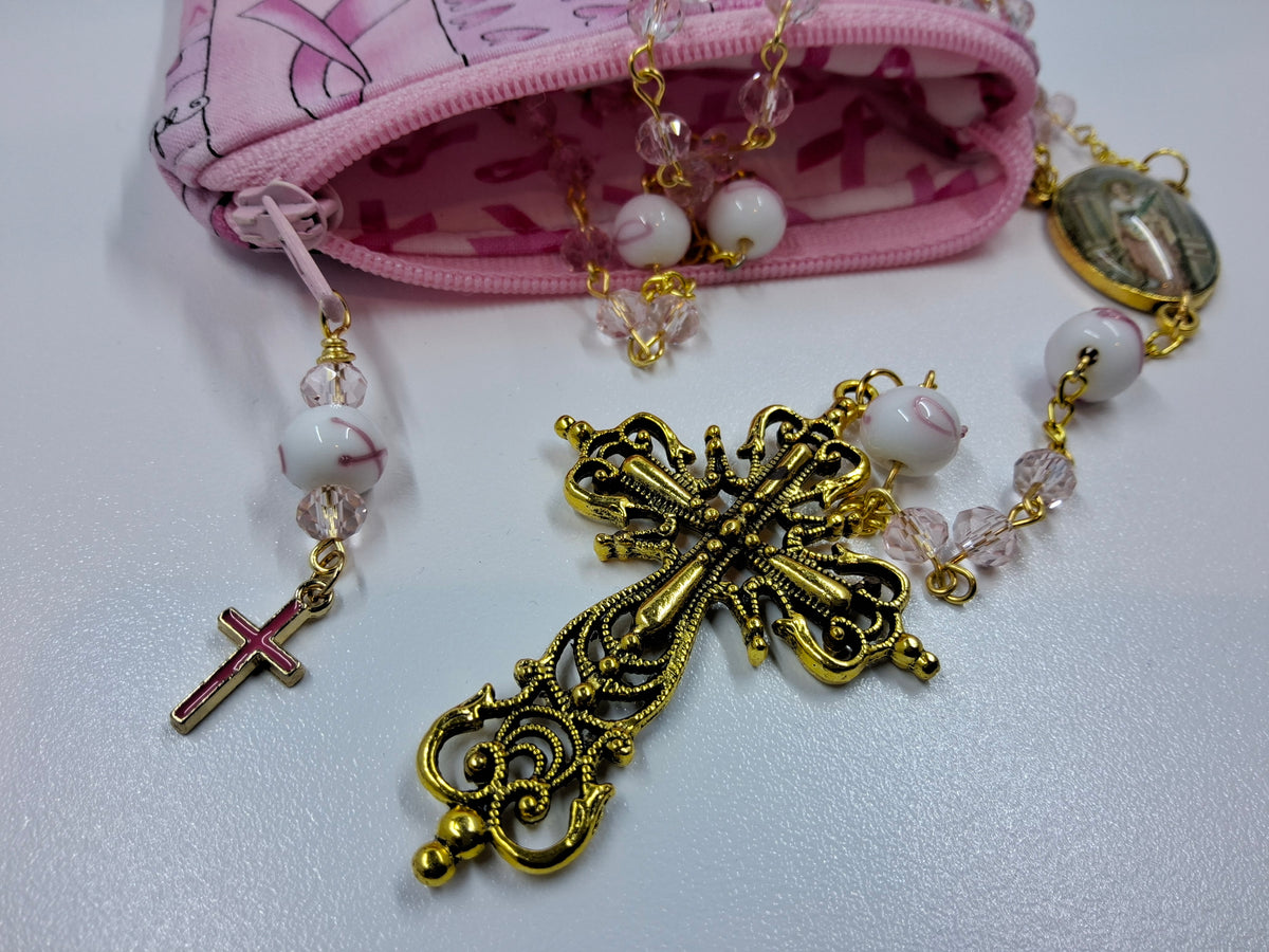 Breast Cancer Awareness Faith & Hope Rosary Zipper Pouch Set R1019