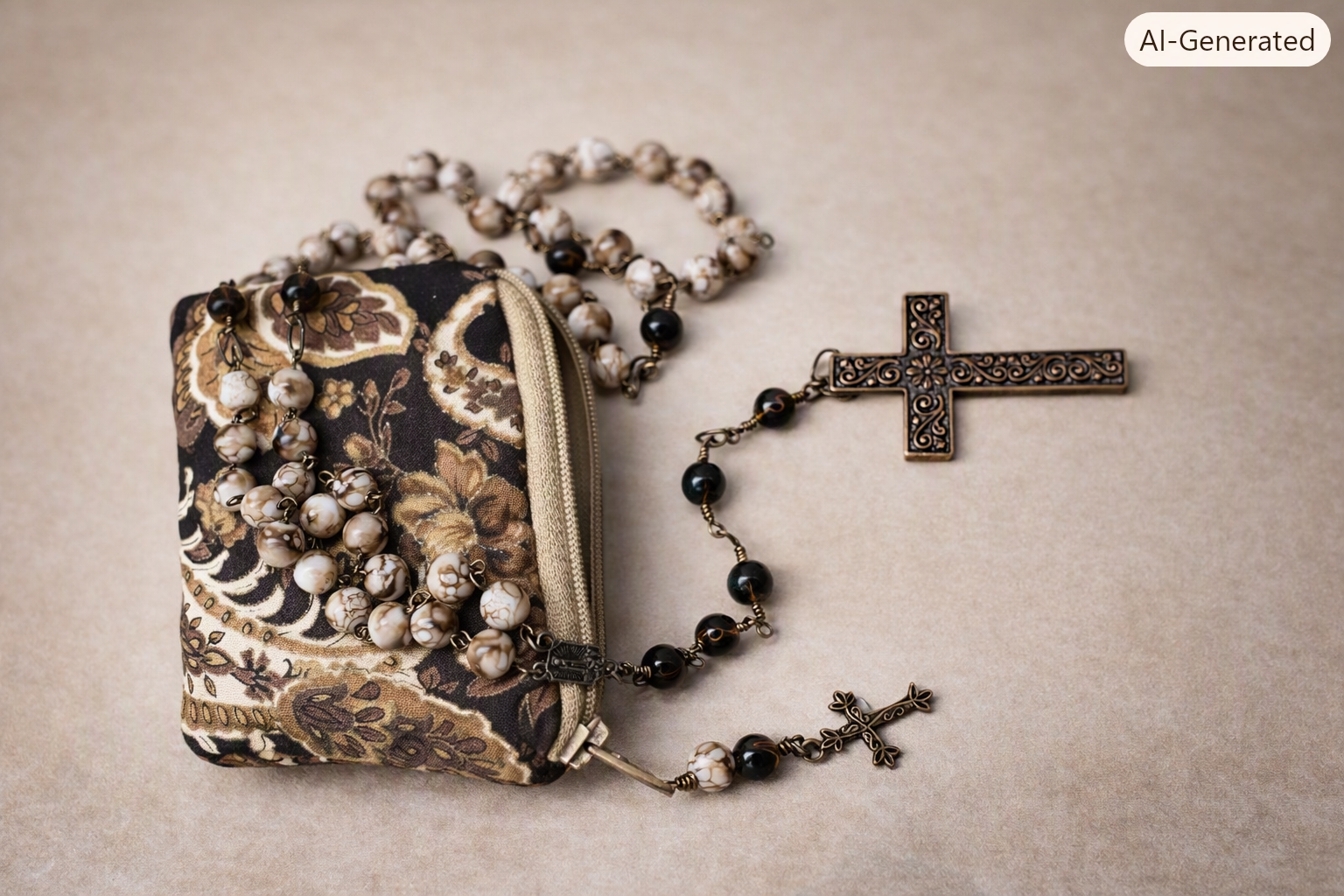 Artisan Bronze Faith Rosary & Pouch Set