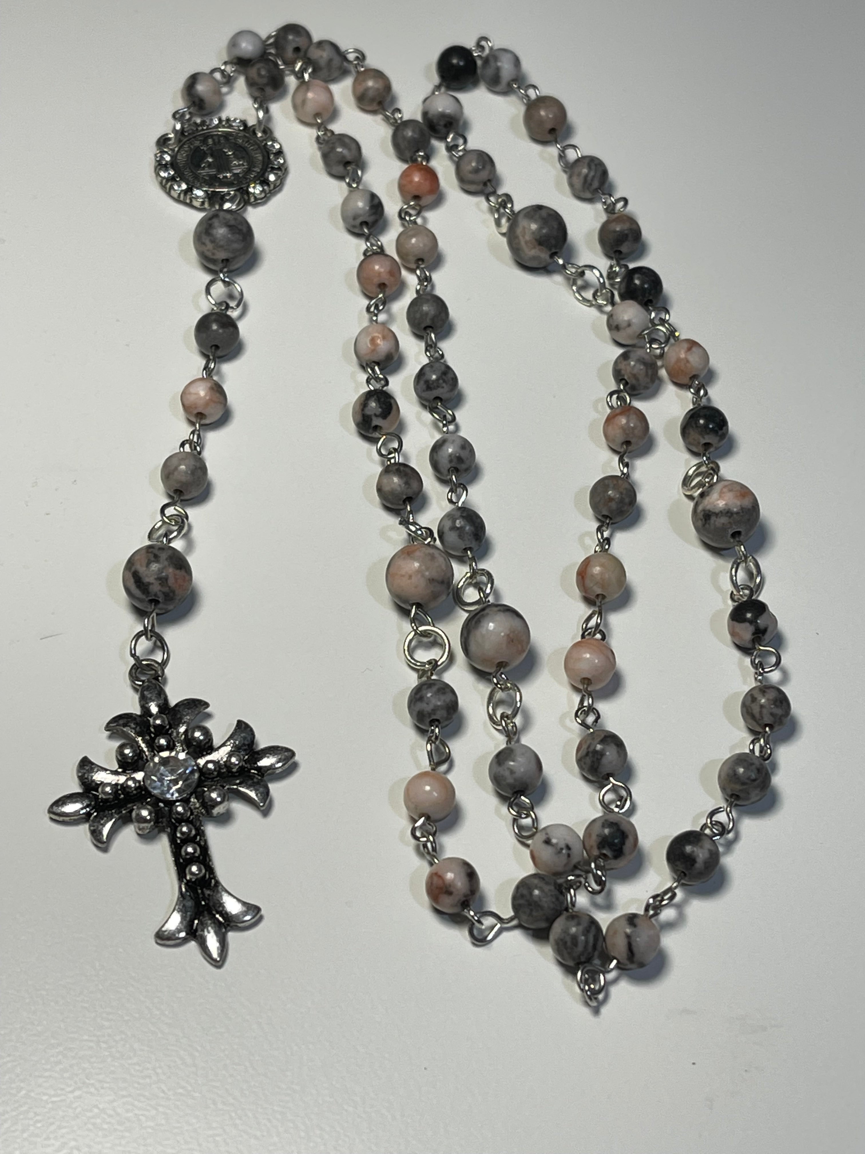 Catholic Rosary in Handmade Floral Gray and Pink Fabric Pouch