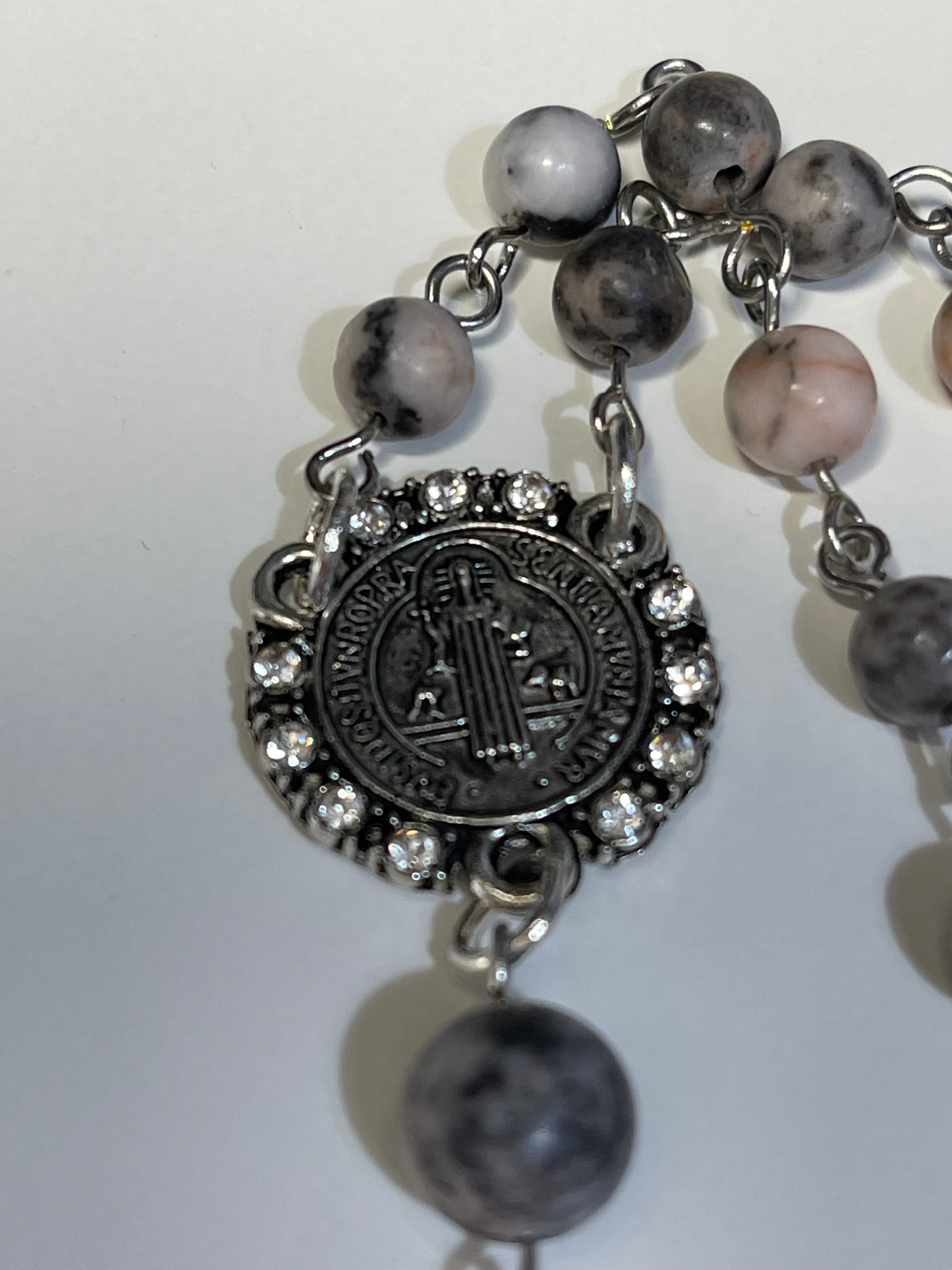 Catholic Rosary in Handmade Floral Gray and Pink Fabric Pouch