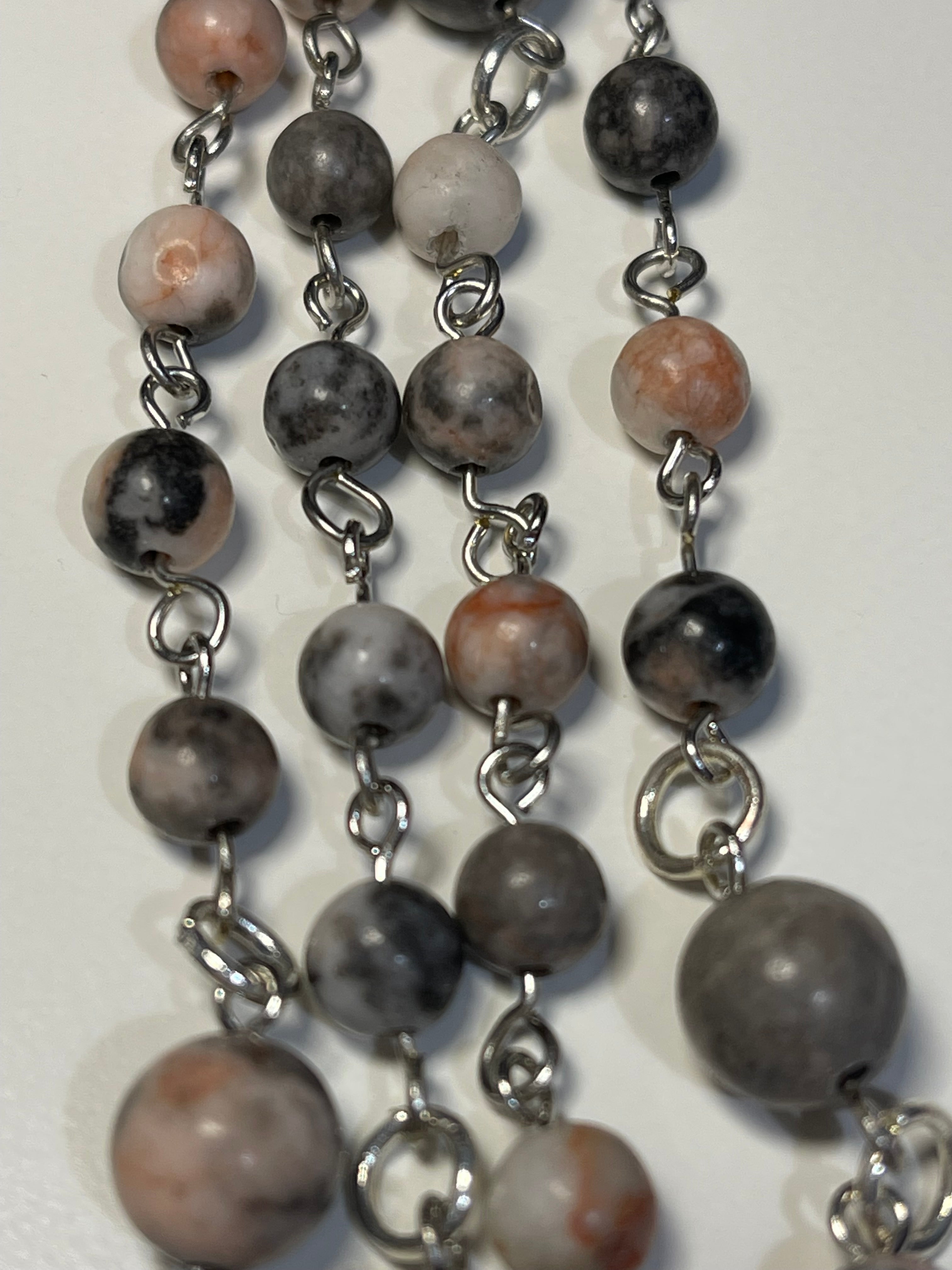 Catholic Rosary in Handmade Floral Gray and Pink Fabric Pouch