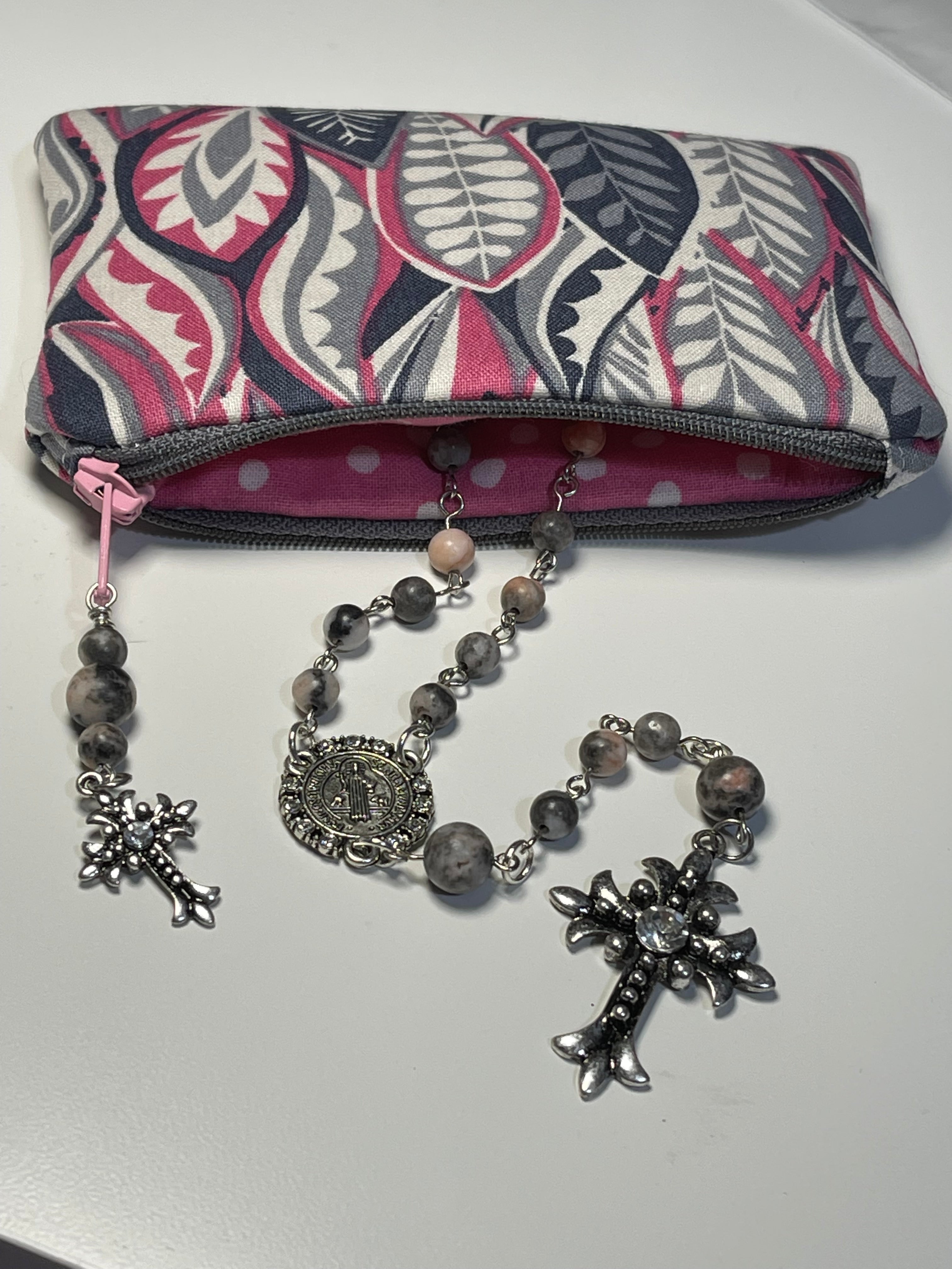 Catholic Rosary in Handmade Floral Gray and Pink Fabric Pouch