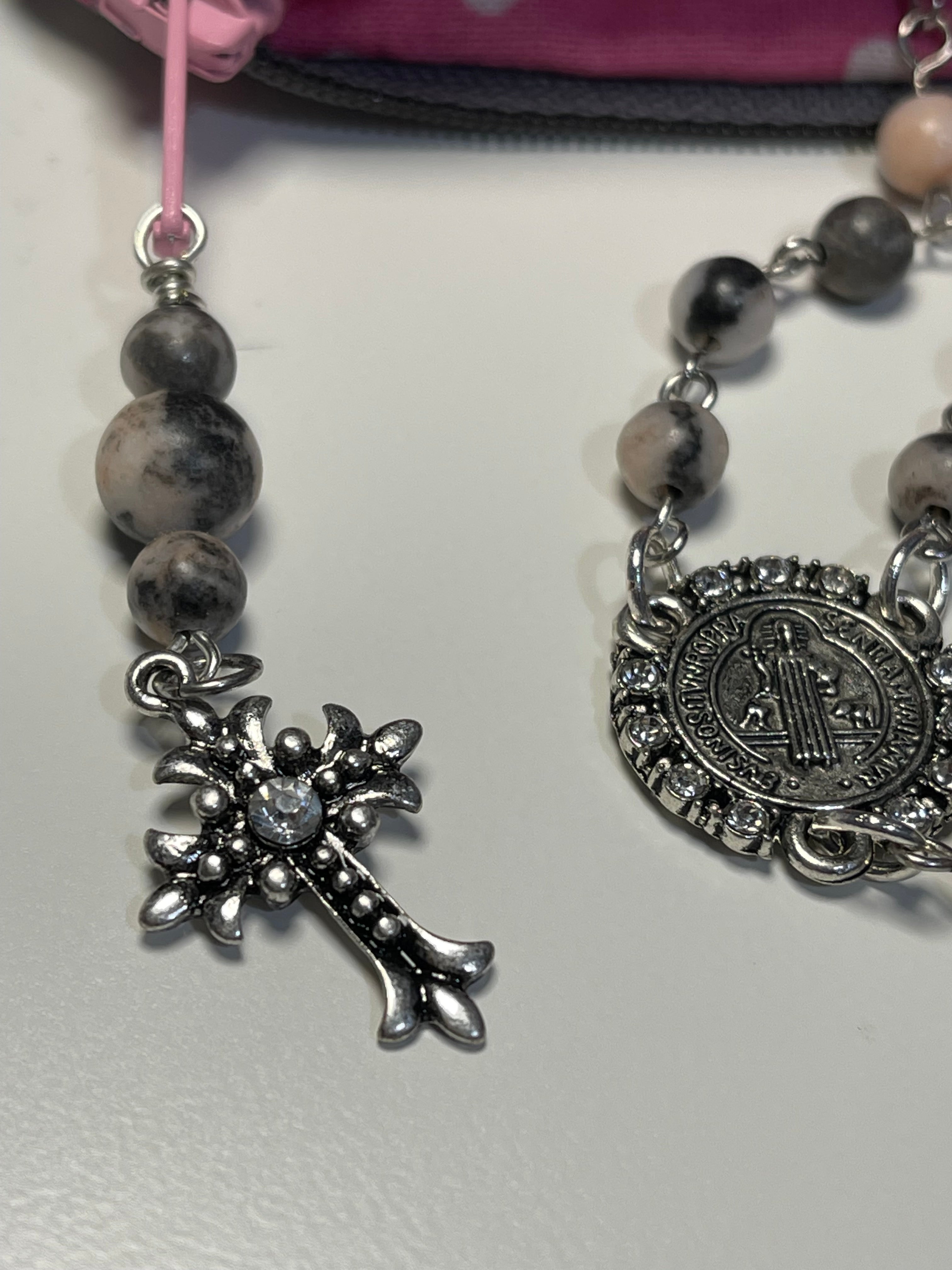 Catholic Rosary in Handmade Floral Gray and Pink Fabric Pouch