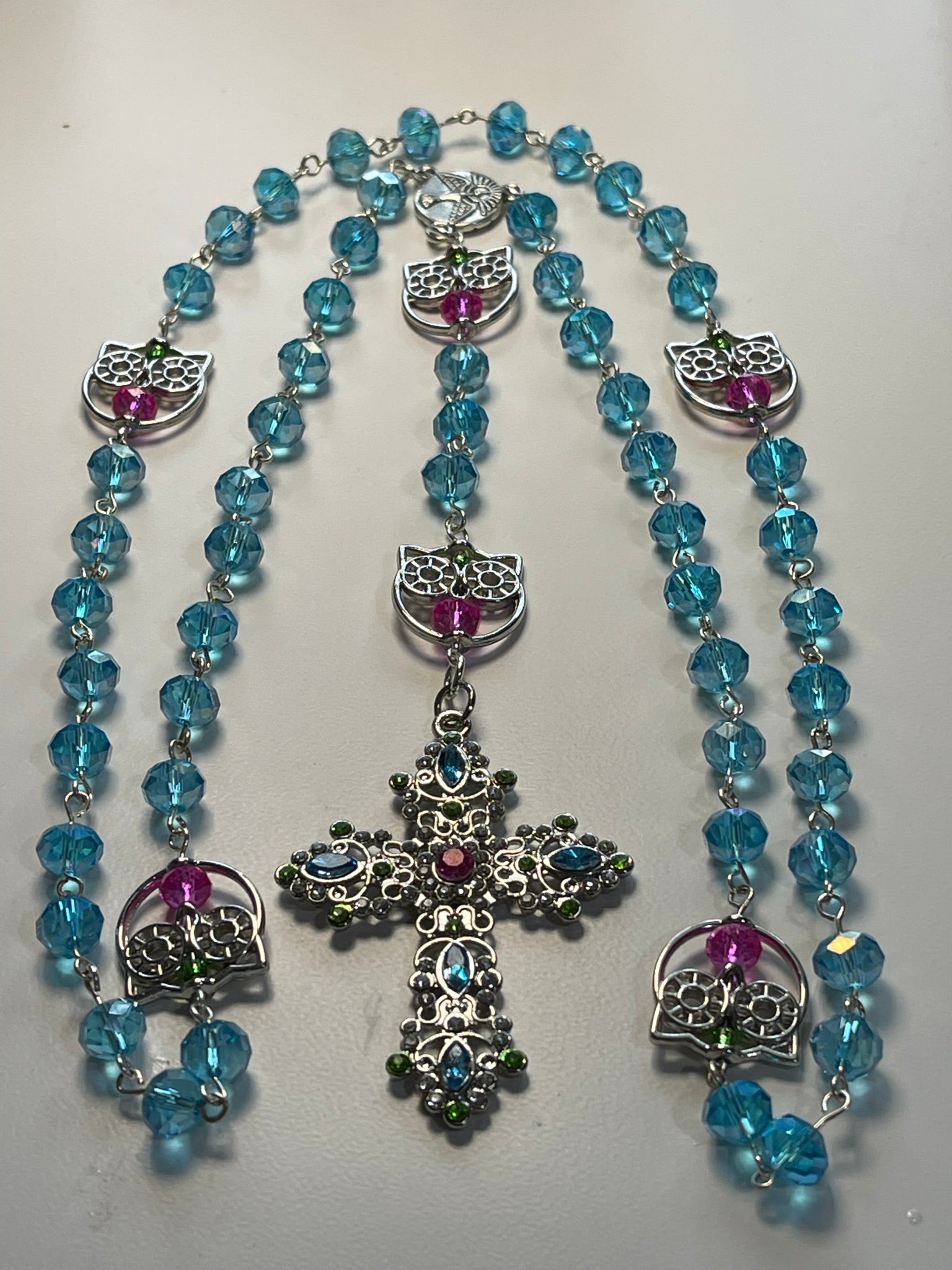 Handmade Owl-Themed Crystal Rosary with Matching Owl Print Zipper Pouch