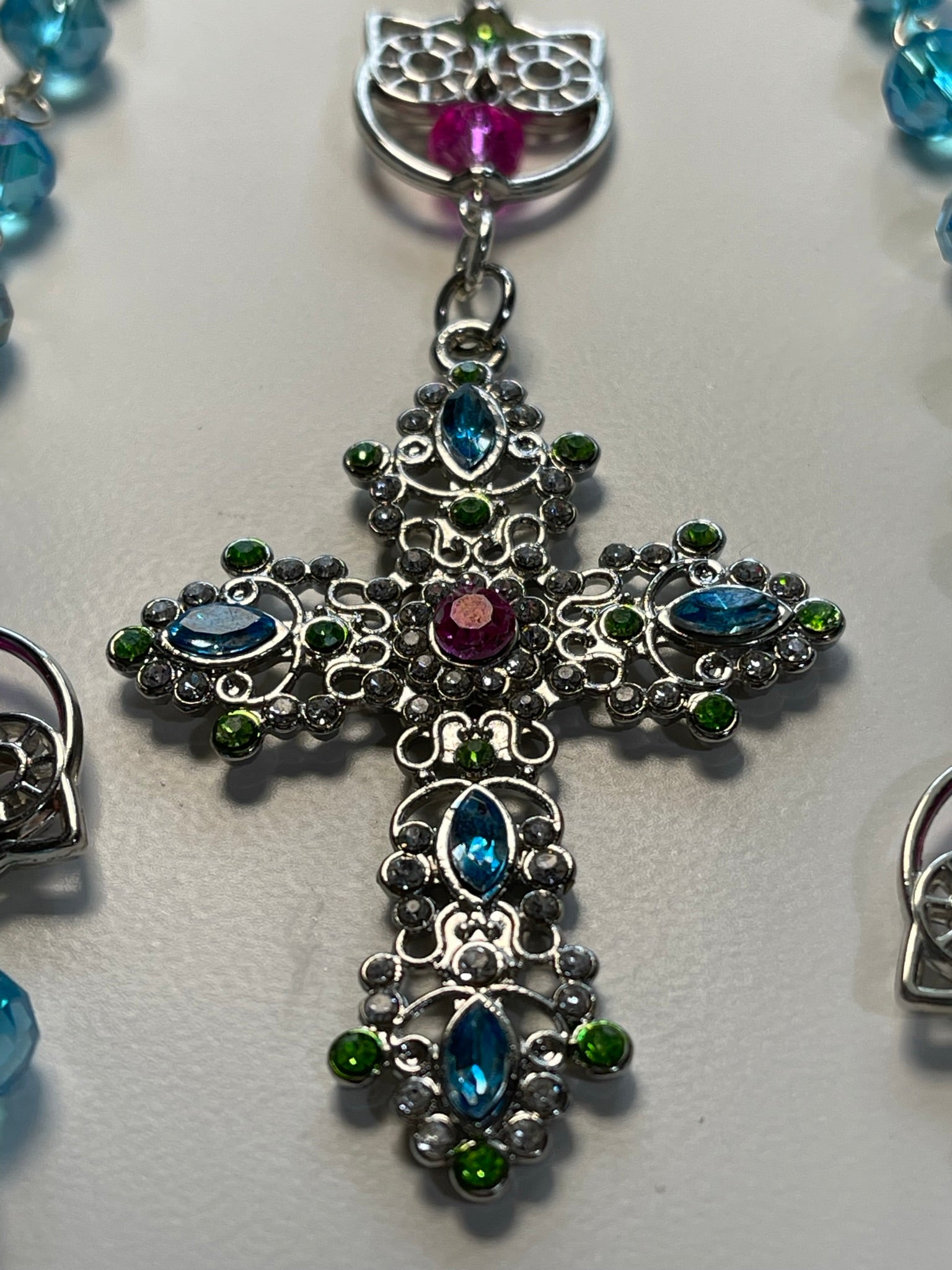 Handmade Owl-Themed Crystal Rosary with Matching Owl Print Zipper Pouch