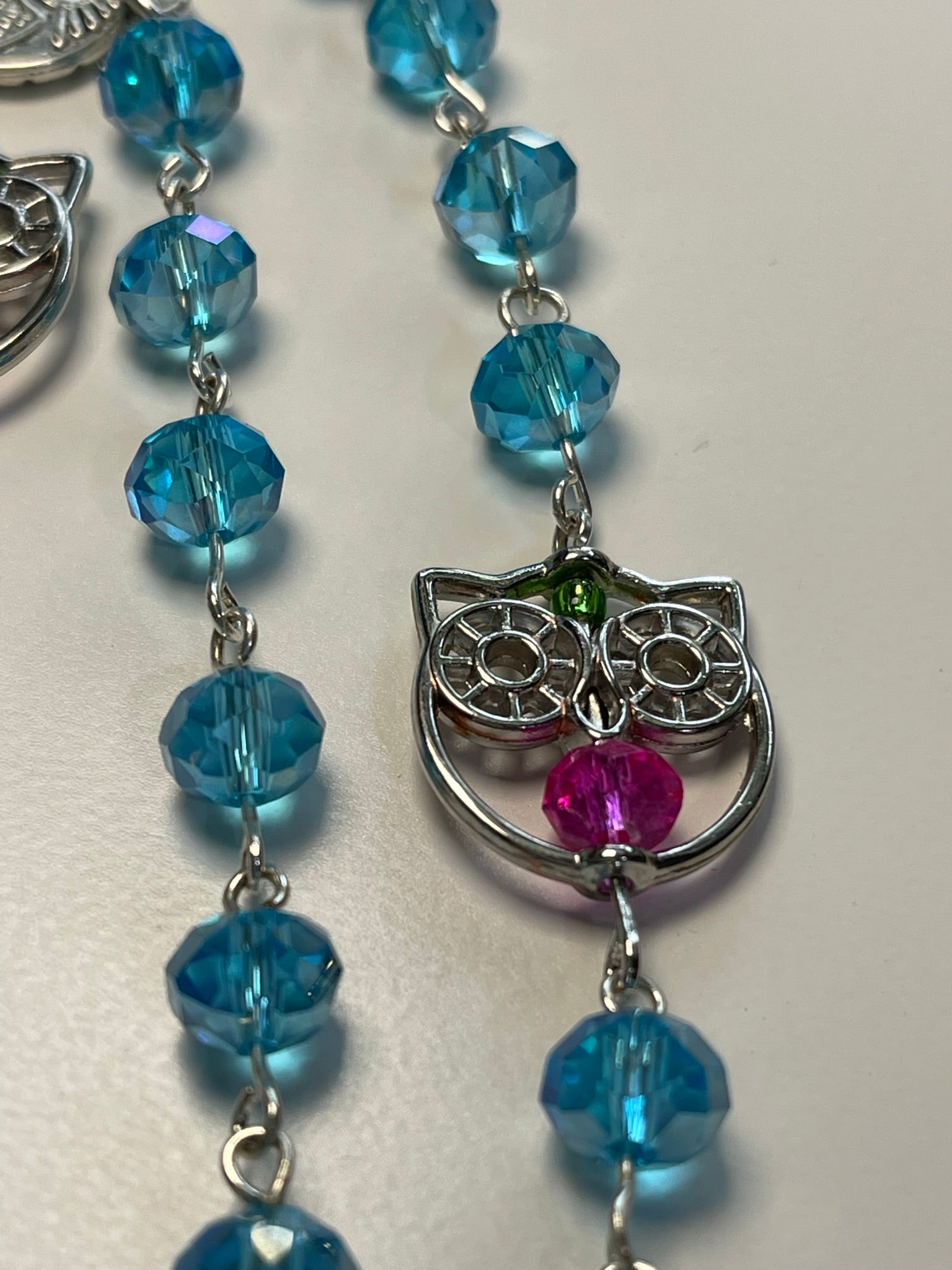 Handmade Owl-Themed Crystal Rosary with Matching Owl Print Zipper Pouch