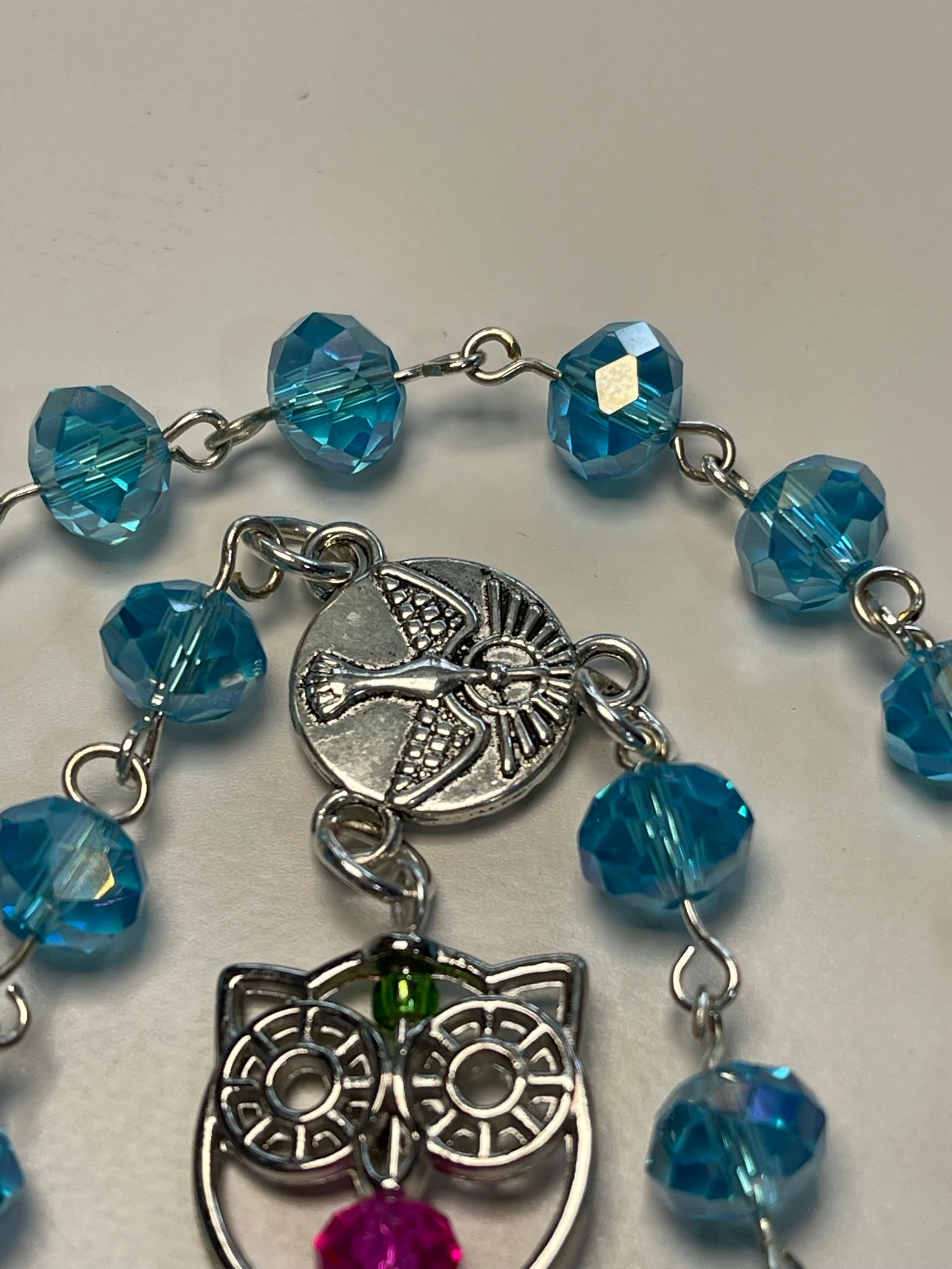 Handmade Owl-Themed Crystal Rosary with Matching Owl Print Zipper Pouch