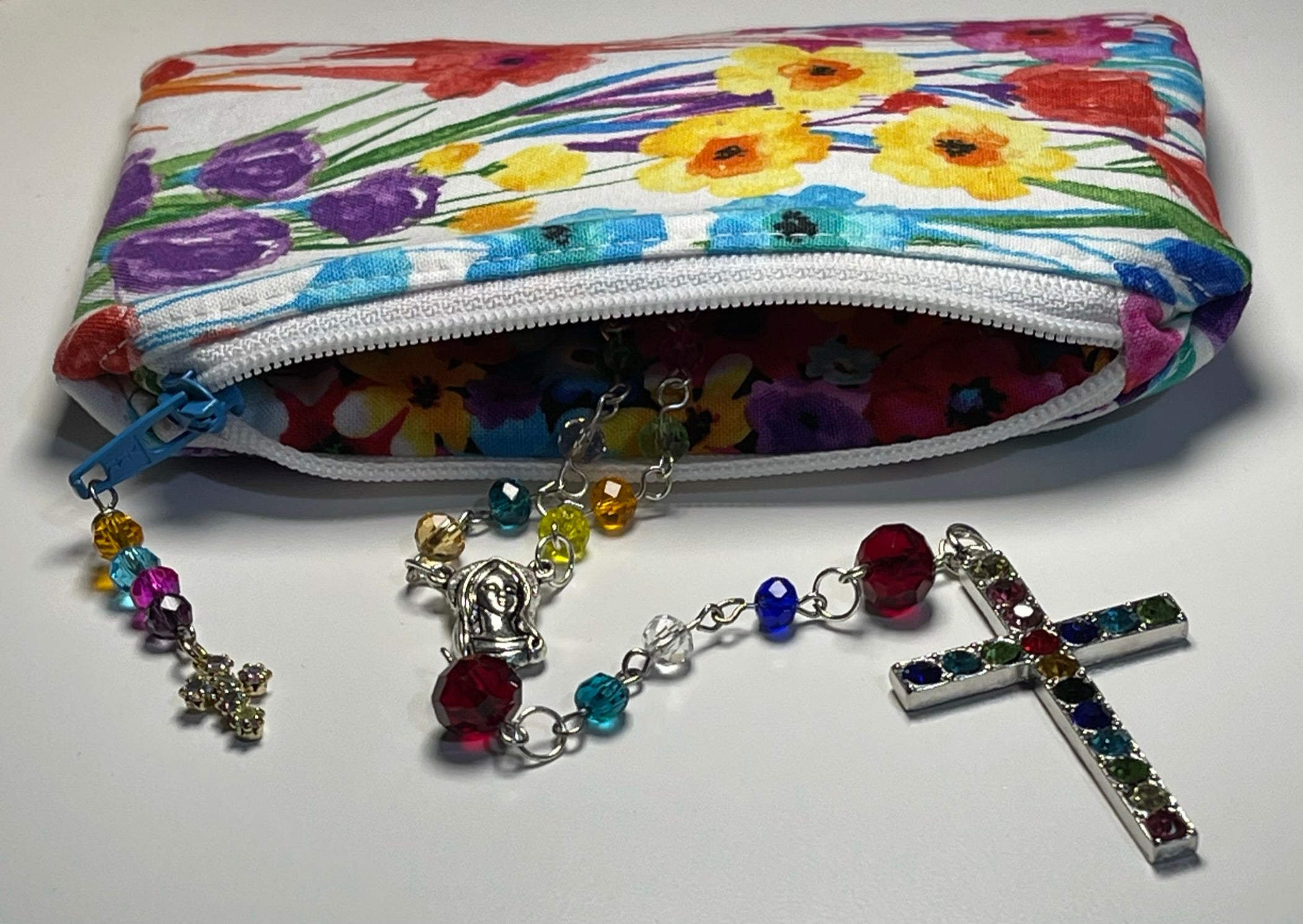 Handcrafted Rainbow Bead Rosary in Vibrant Floral Case
