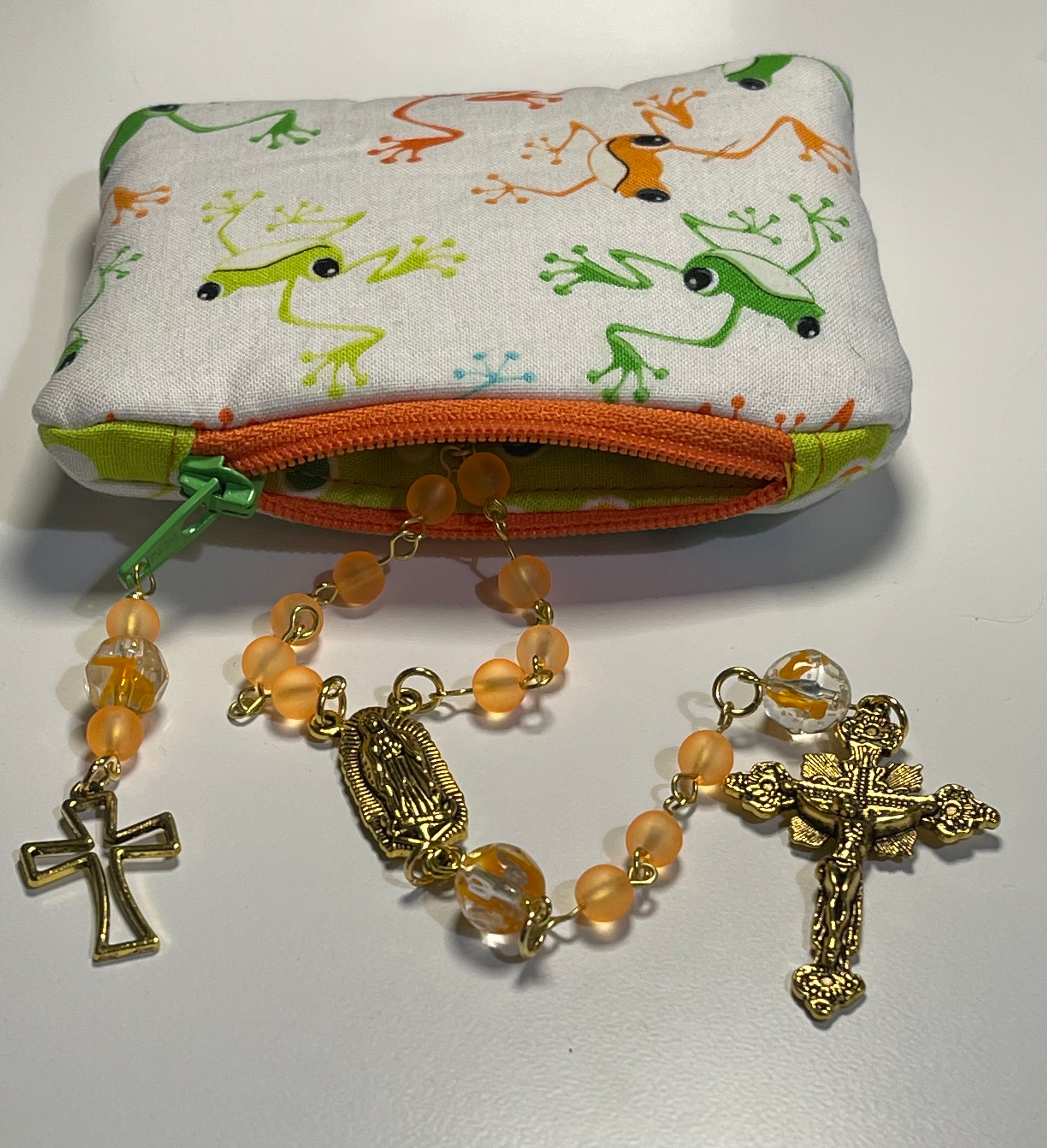 Catholic Orange Bead Rosary with Gold-Tone Crucifix & Handmade Frog Print Zipper Pouch