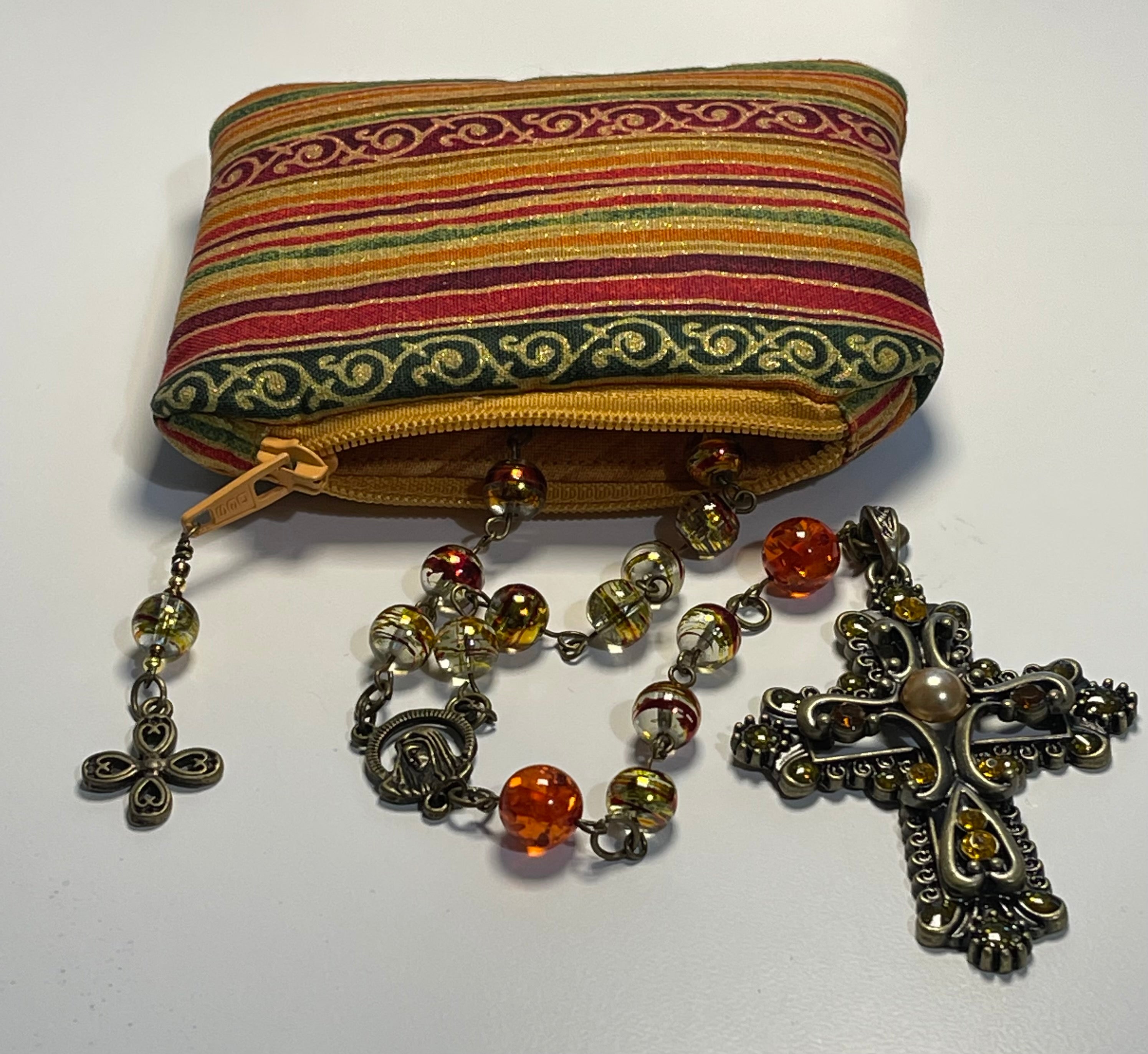 Handcrafted Amber-Tone Beaded Rosary with Zippered Prayer Pouch