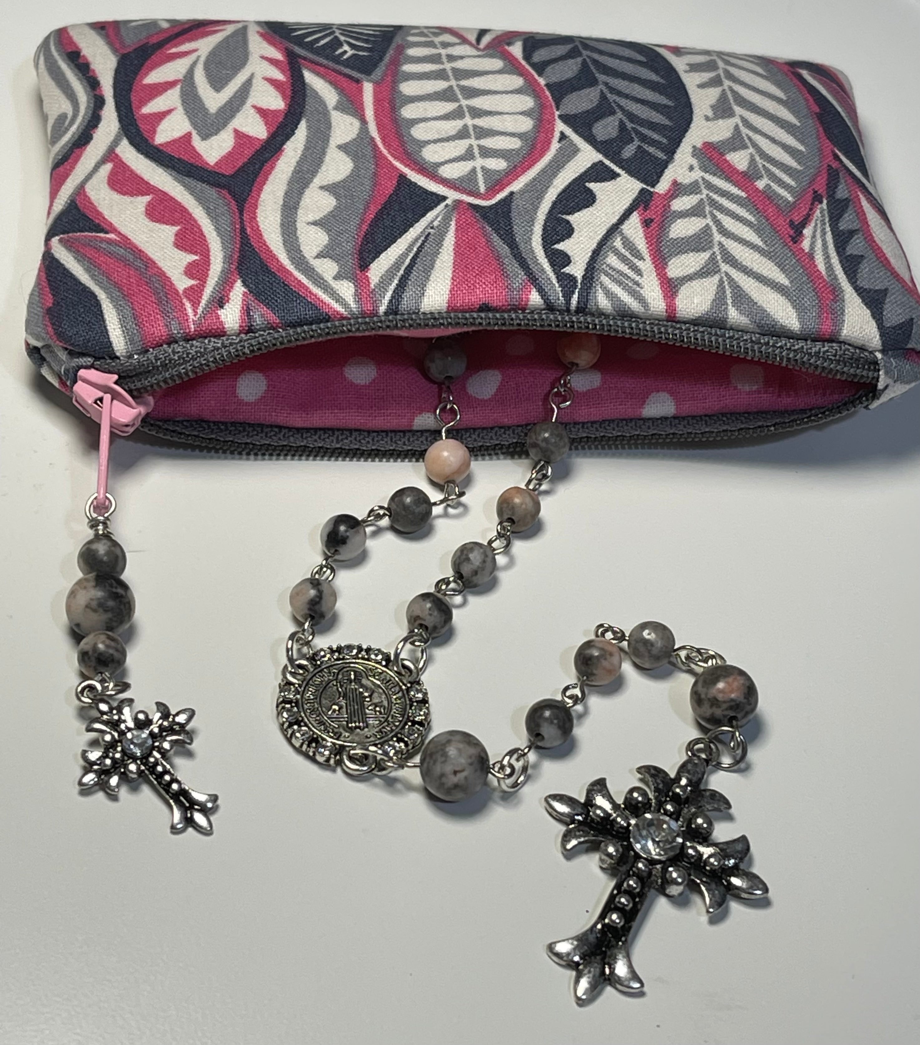 Catholic Rosary in Handmade Floral Gray and Pink Fabric Pouch