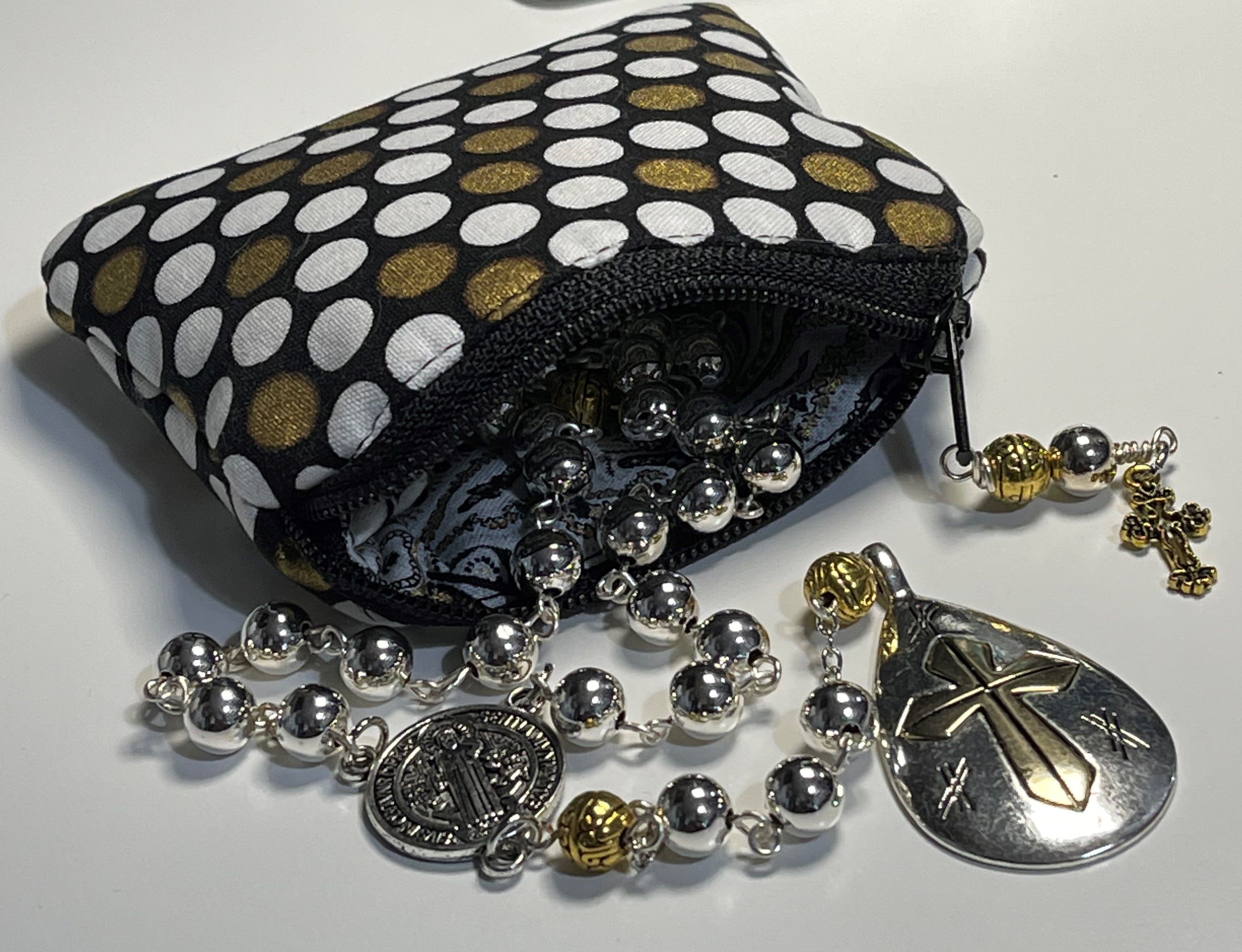 Silver and Gold Accent Rosary with Handmade Polka Dot Zipper Pouch
