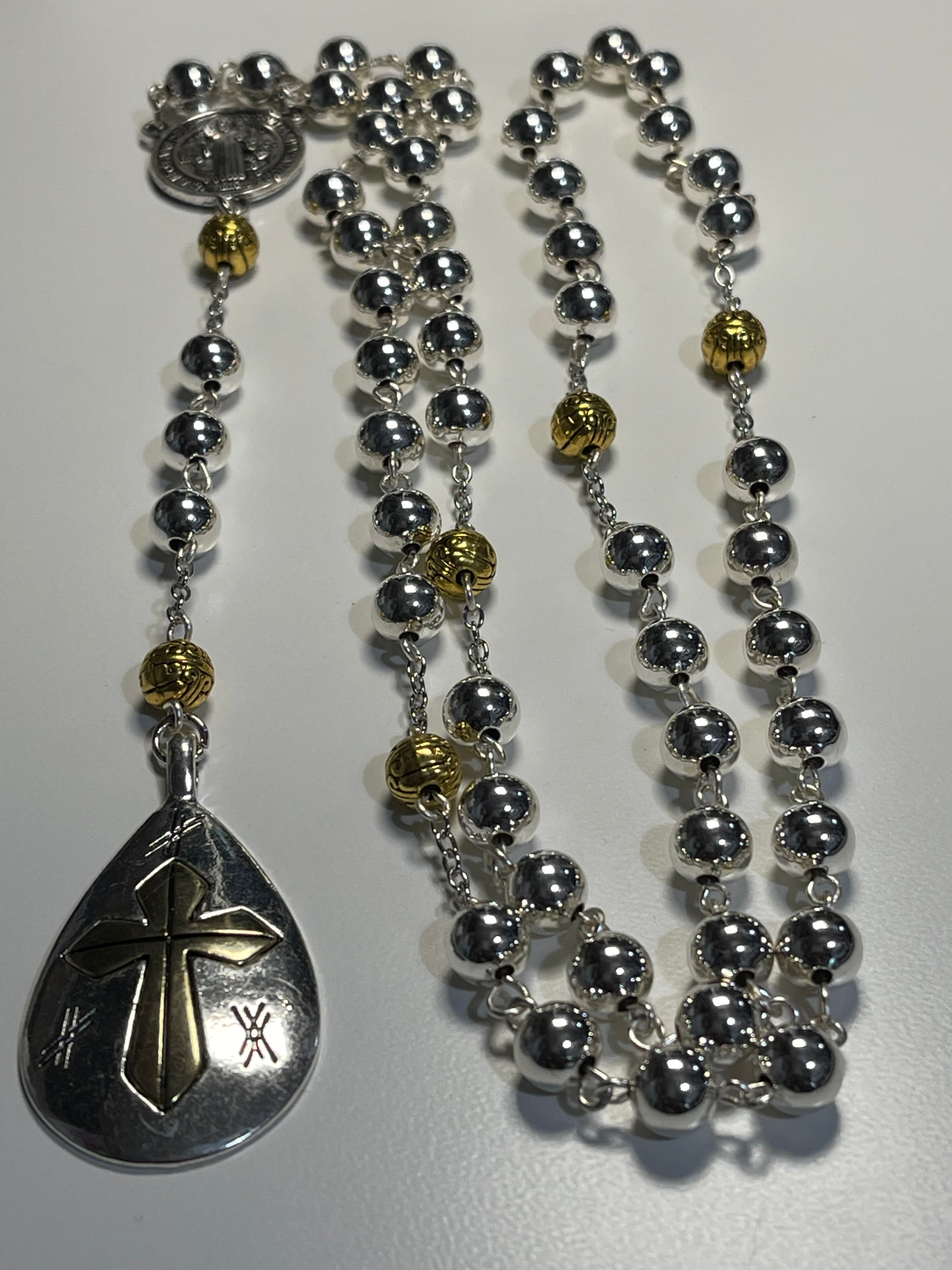 Silver and Gold Accent Rosary with Handmade Polka Dot Zipper Pouch