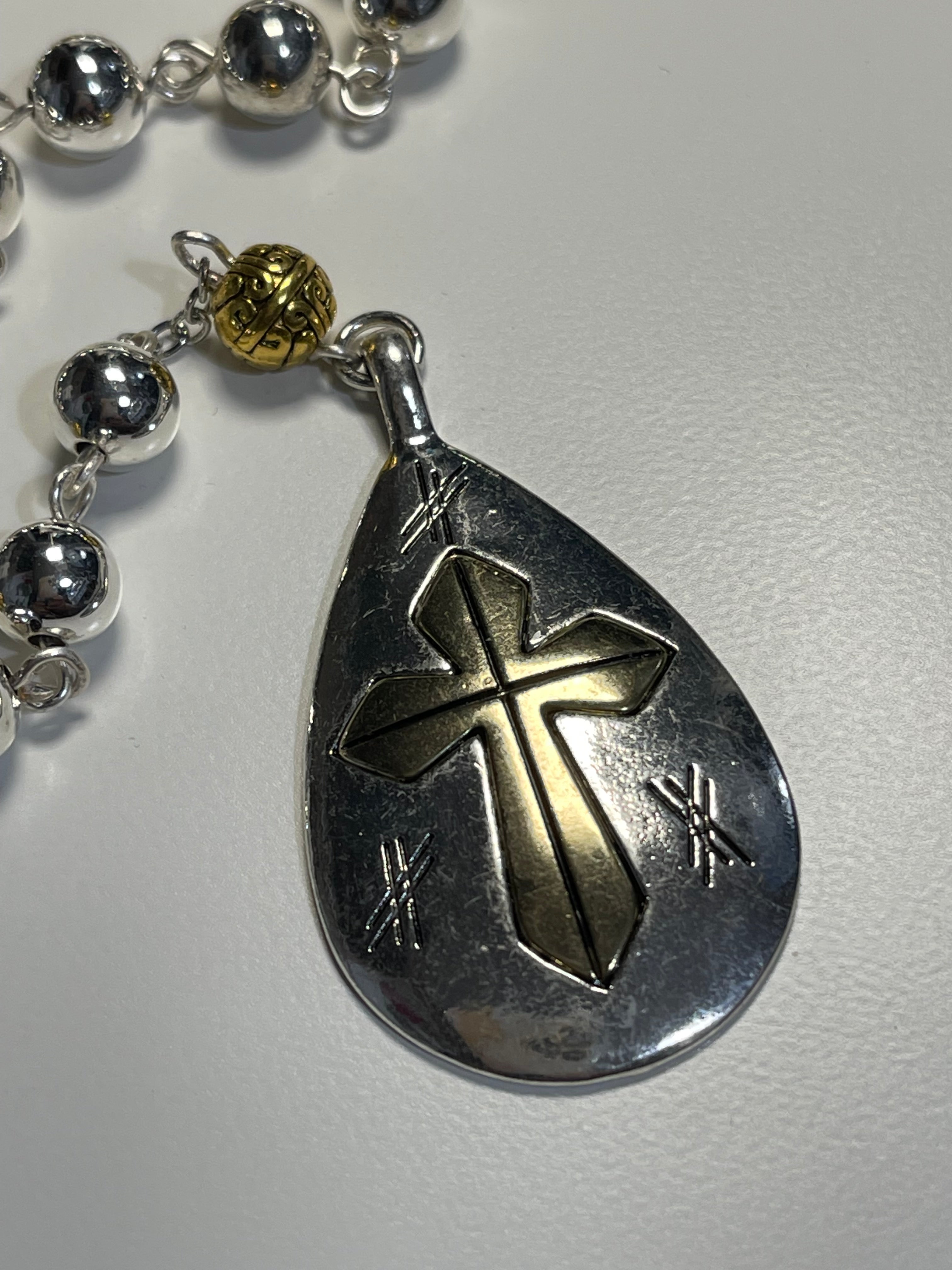 Silver and Gold Accent Rosary with Handmade Polka Dot Zipper Pouch