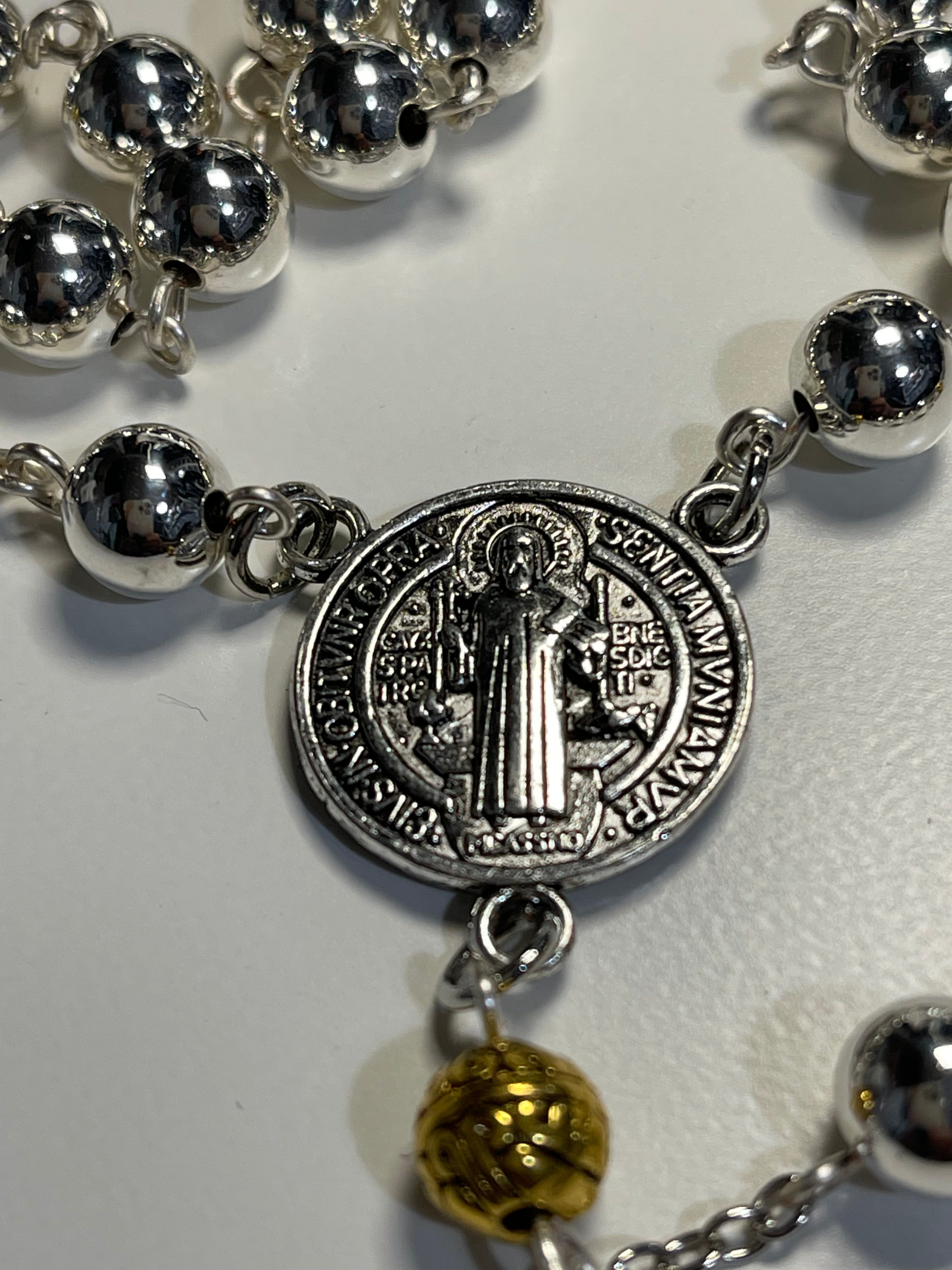 Silver and Gold Accent Rosary with Handmade Polka Dot Zipper Pouch