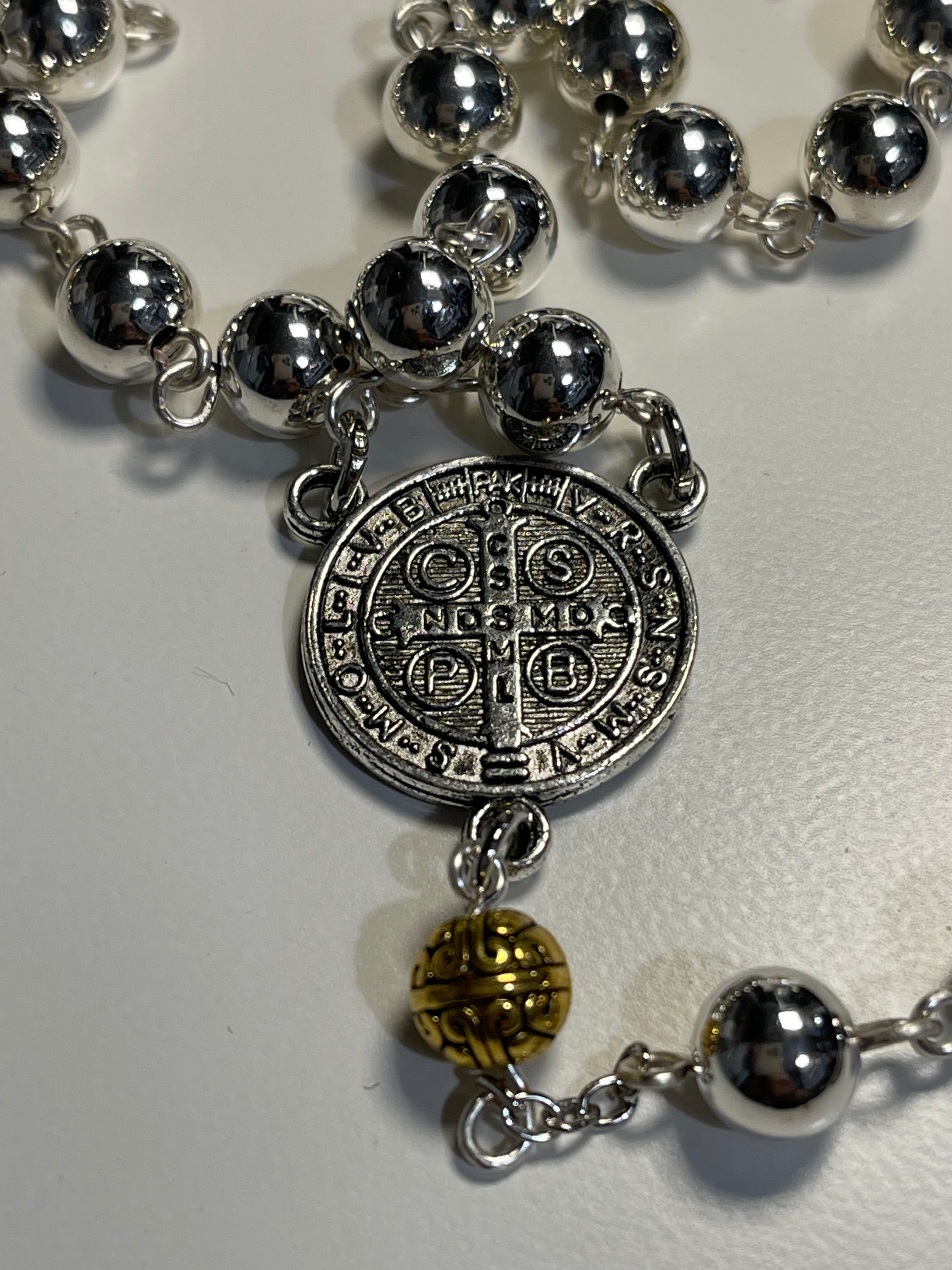 Silver and Gold Accent Rosary with Handmade Polka Dot Zipper Pouch