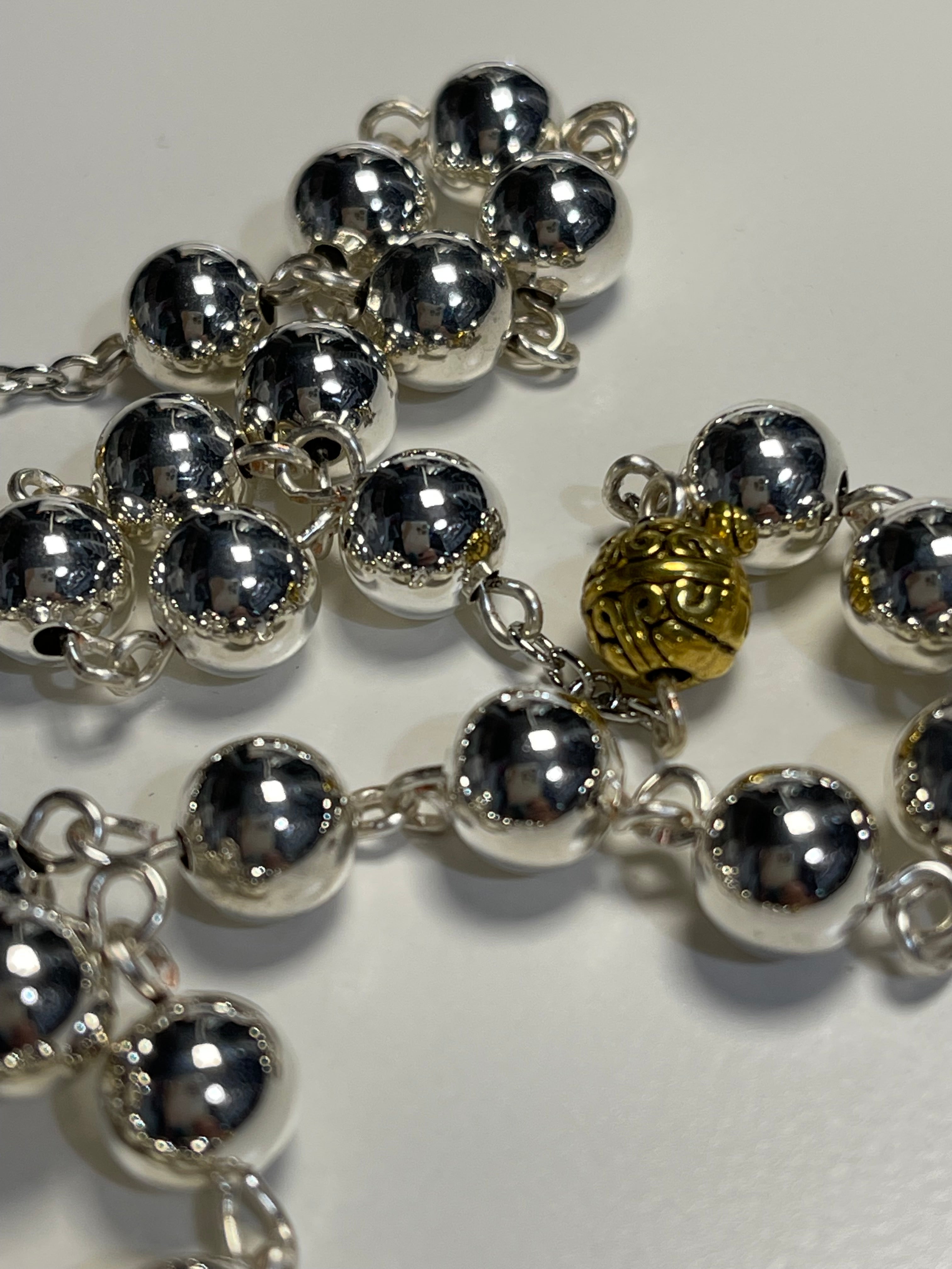 Silver and Gold Accent Rosary with Handmade Polka Dot Zipper Pouch