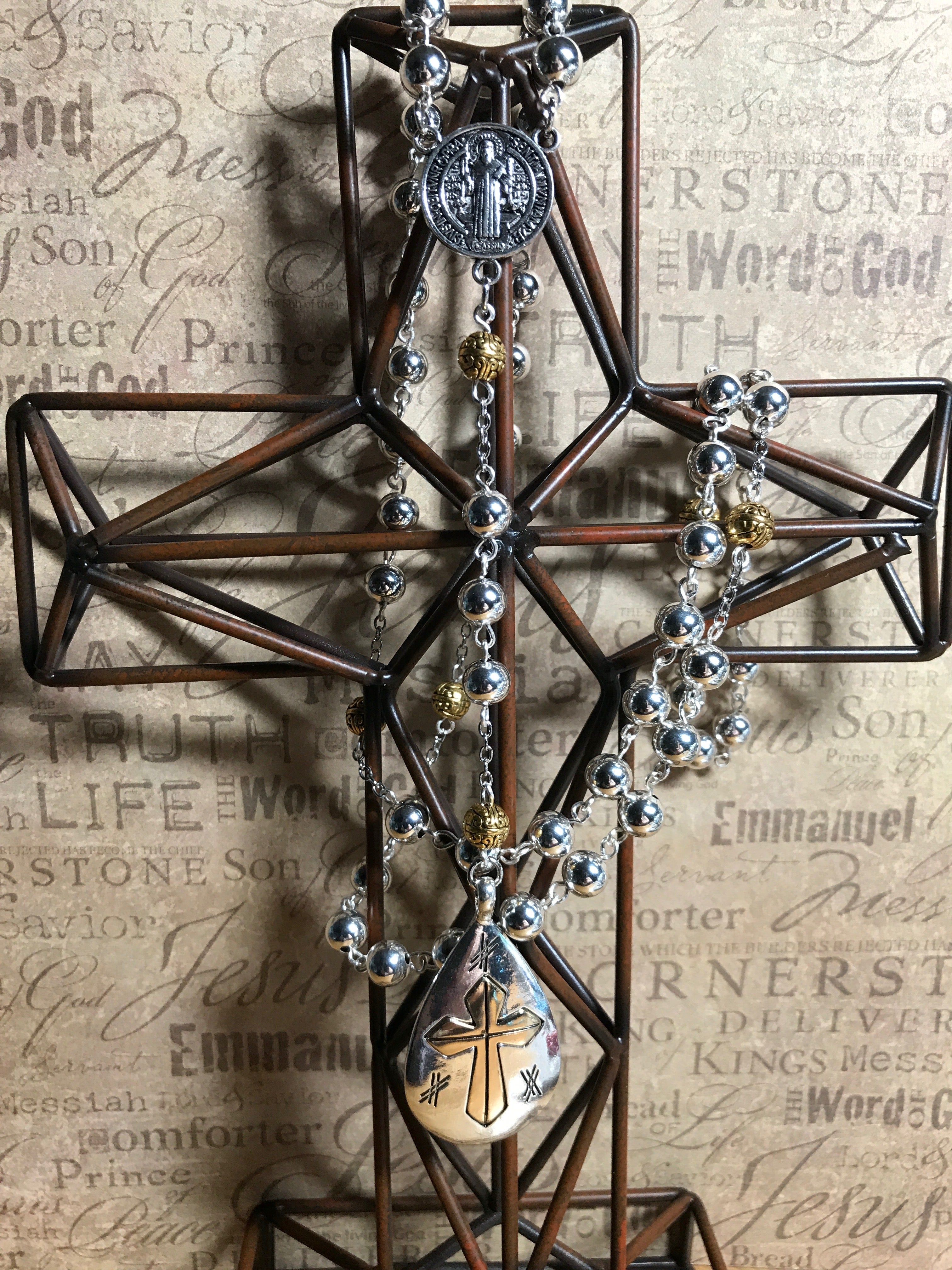 Silver and Gold Accent Rosary with Handmade Polka Dot Zipper Pouch