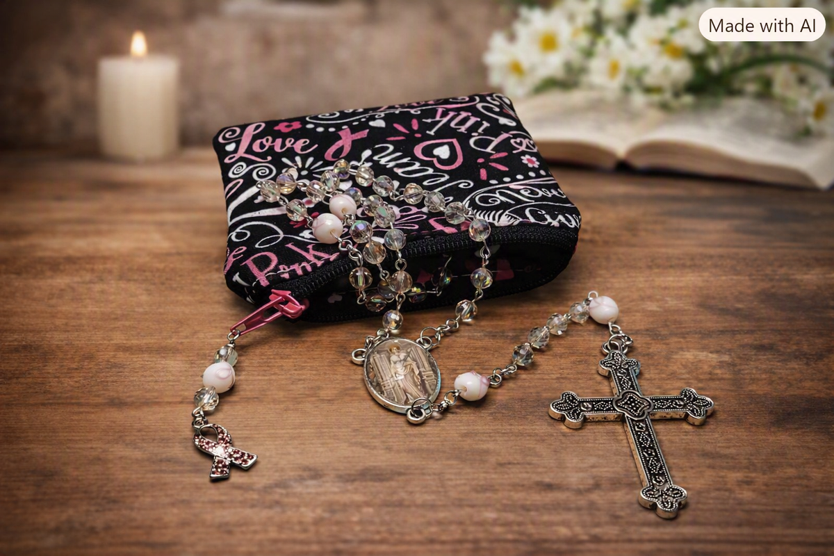 Breast Cancer Awareness Faith & Hope Rosary Zipper Pouch Set R1018