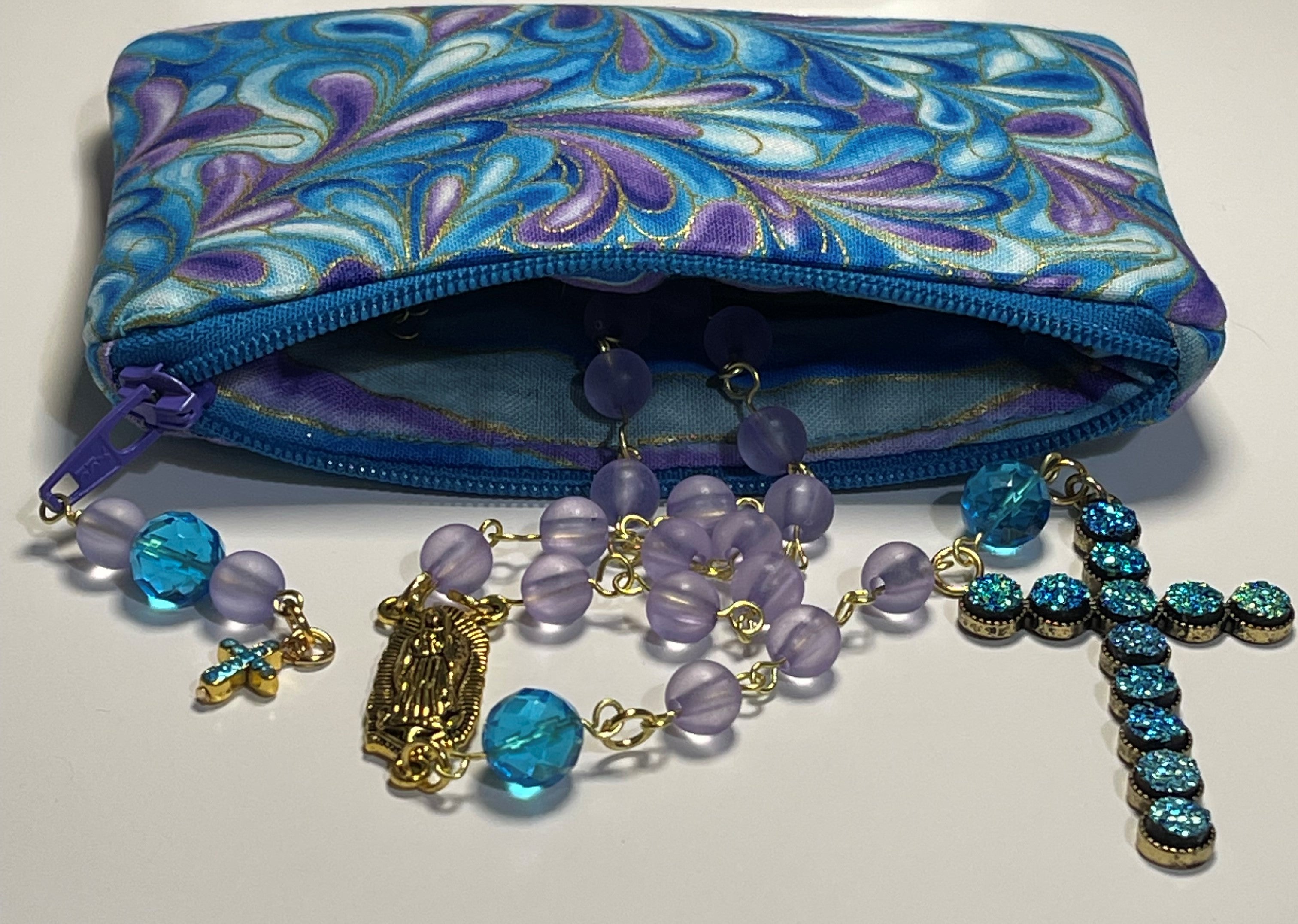 Lavender & Aqua Crystal Rosary Gift Set with Matching Swirl Print Pouch