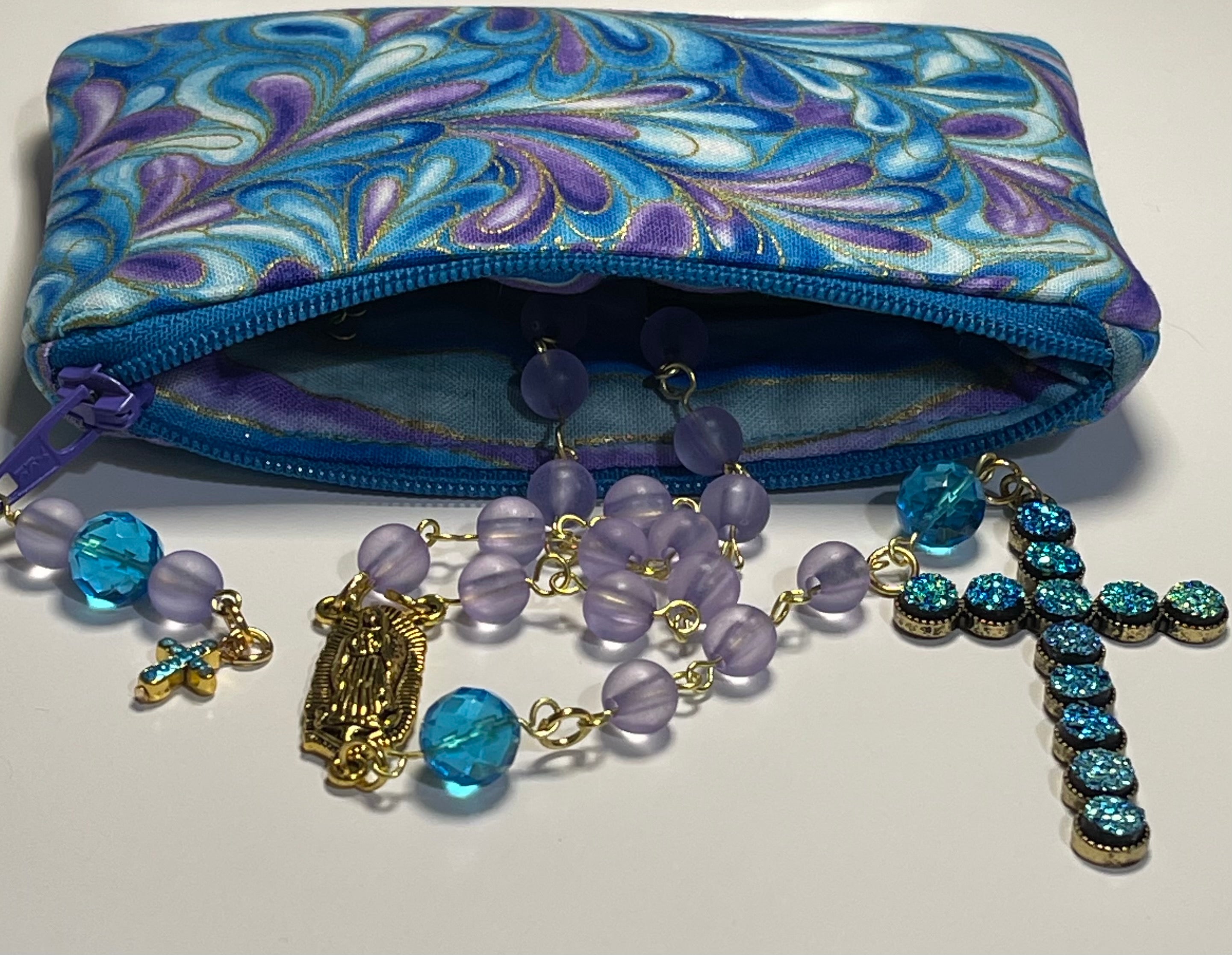 Lavender & Aqua Crystal Rosary Gift Set with Matching Swirl Print Pouch