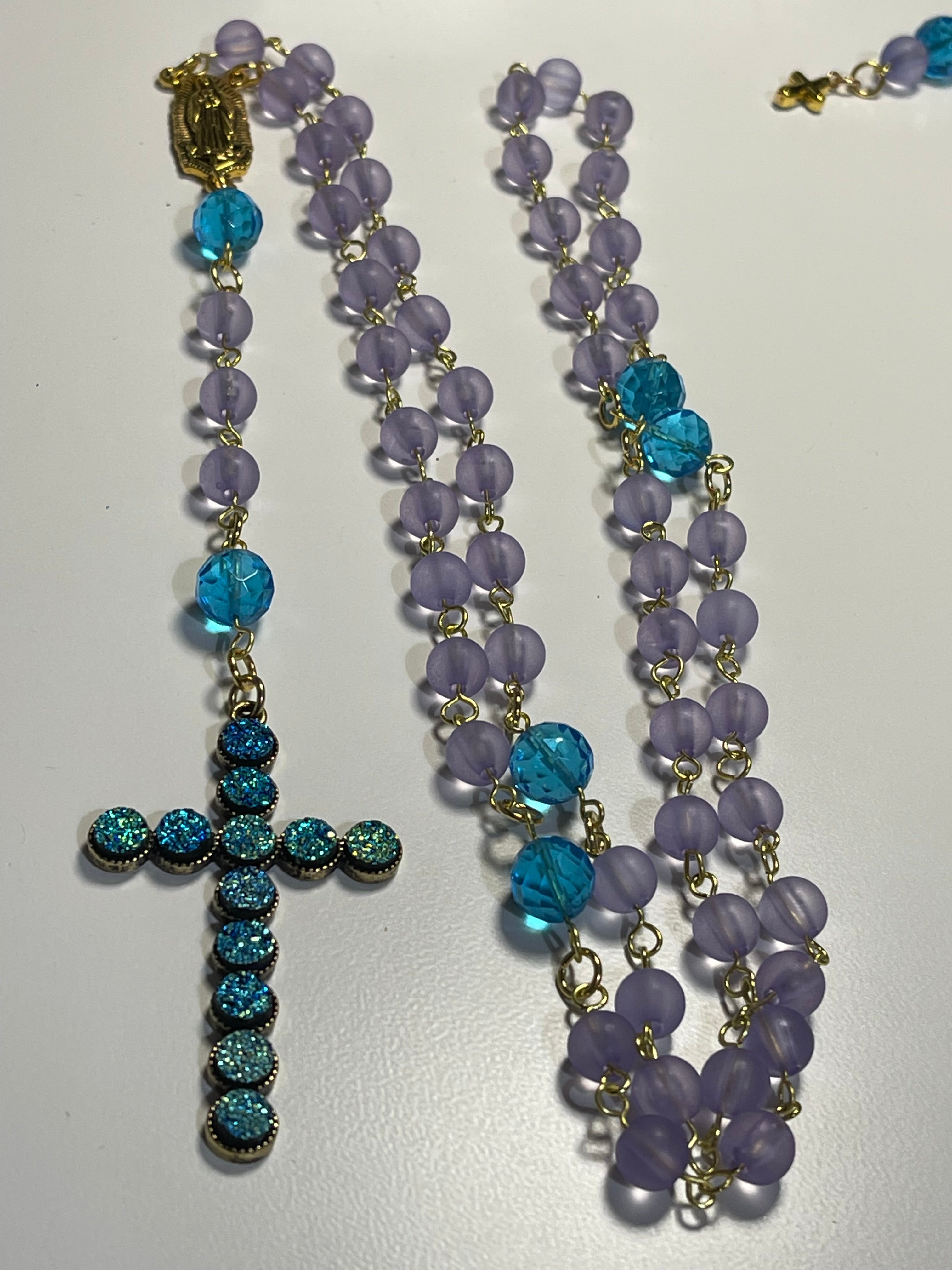 Lavender & Aqua Crystal Rosary Gift Set with Matching Swirl Print Pouch