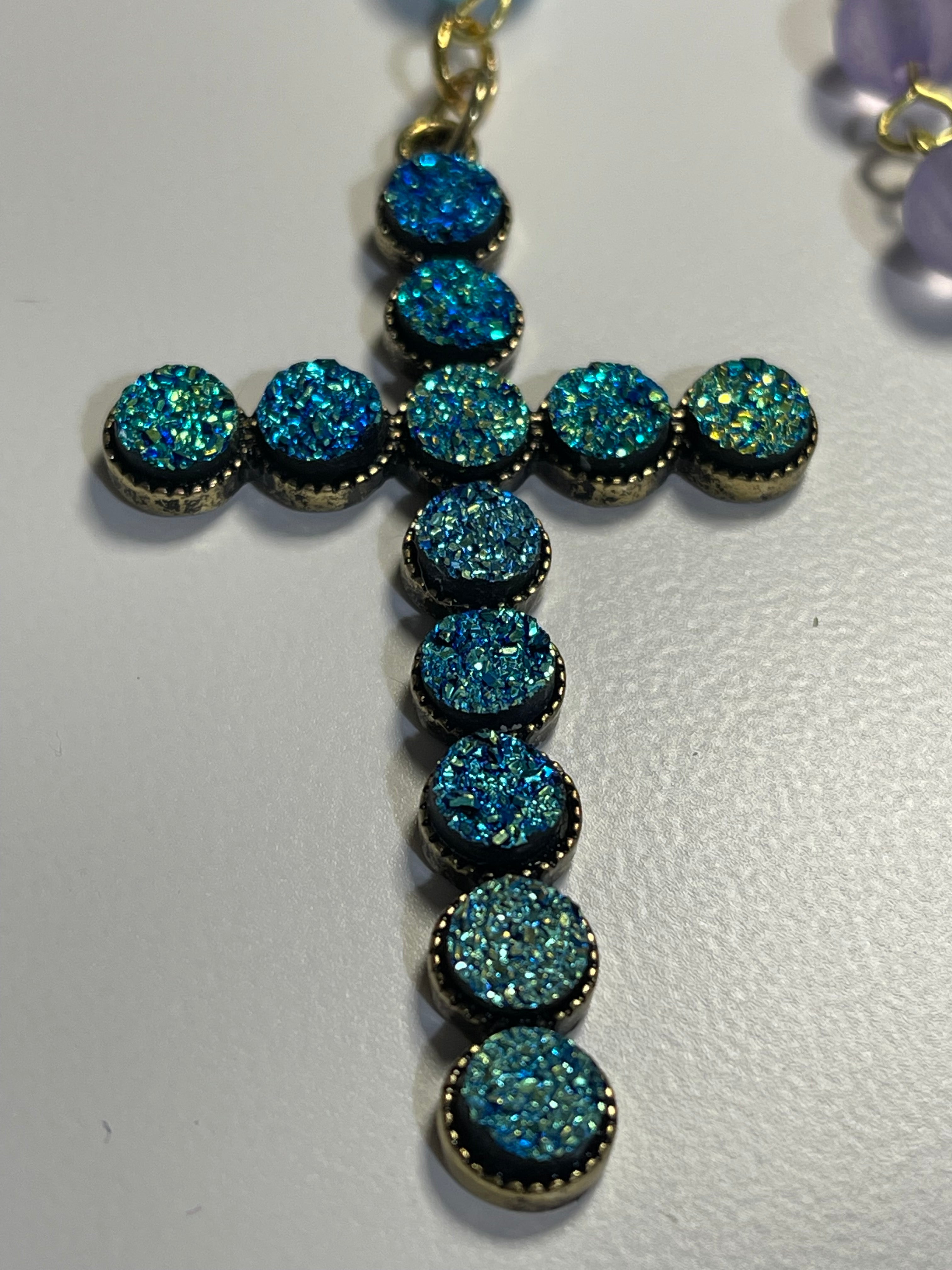 Lavender & Aqua Crystal Rosary Gift Set with Matching Swirl Print Pouch