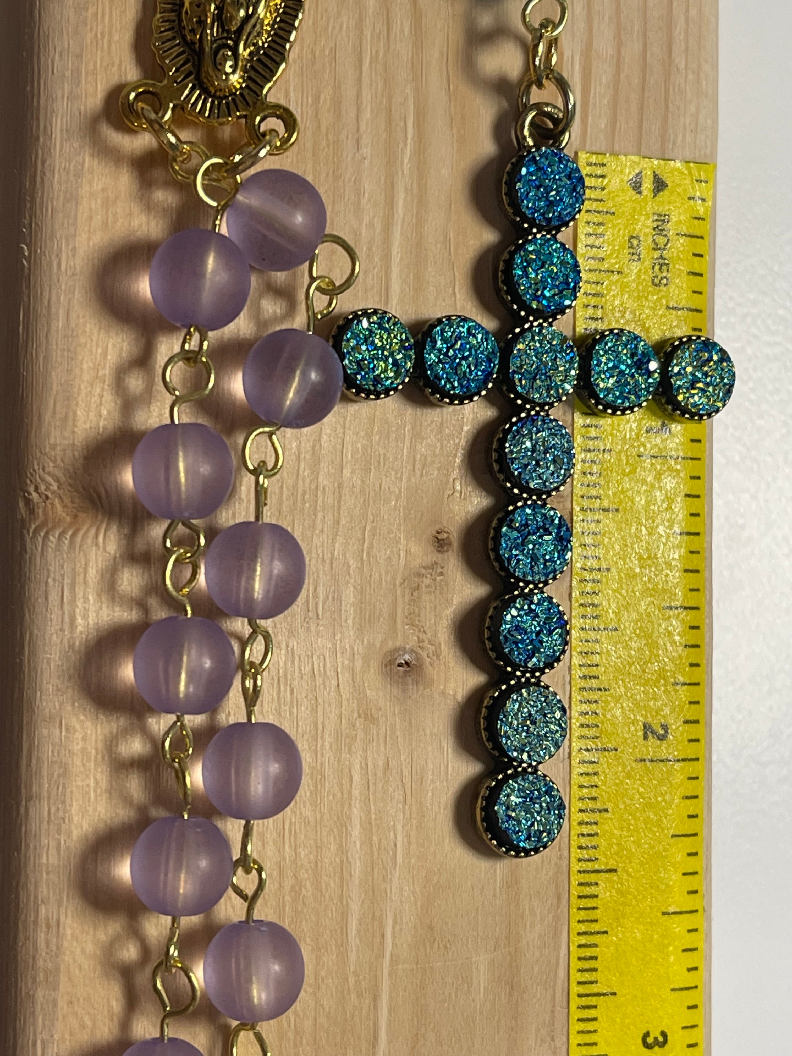 Lavender & Aqua Crystal Rosary Gift Set with Matching Swirl Print Pouch