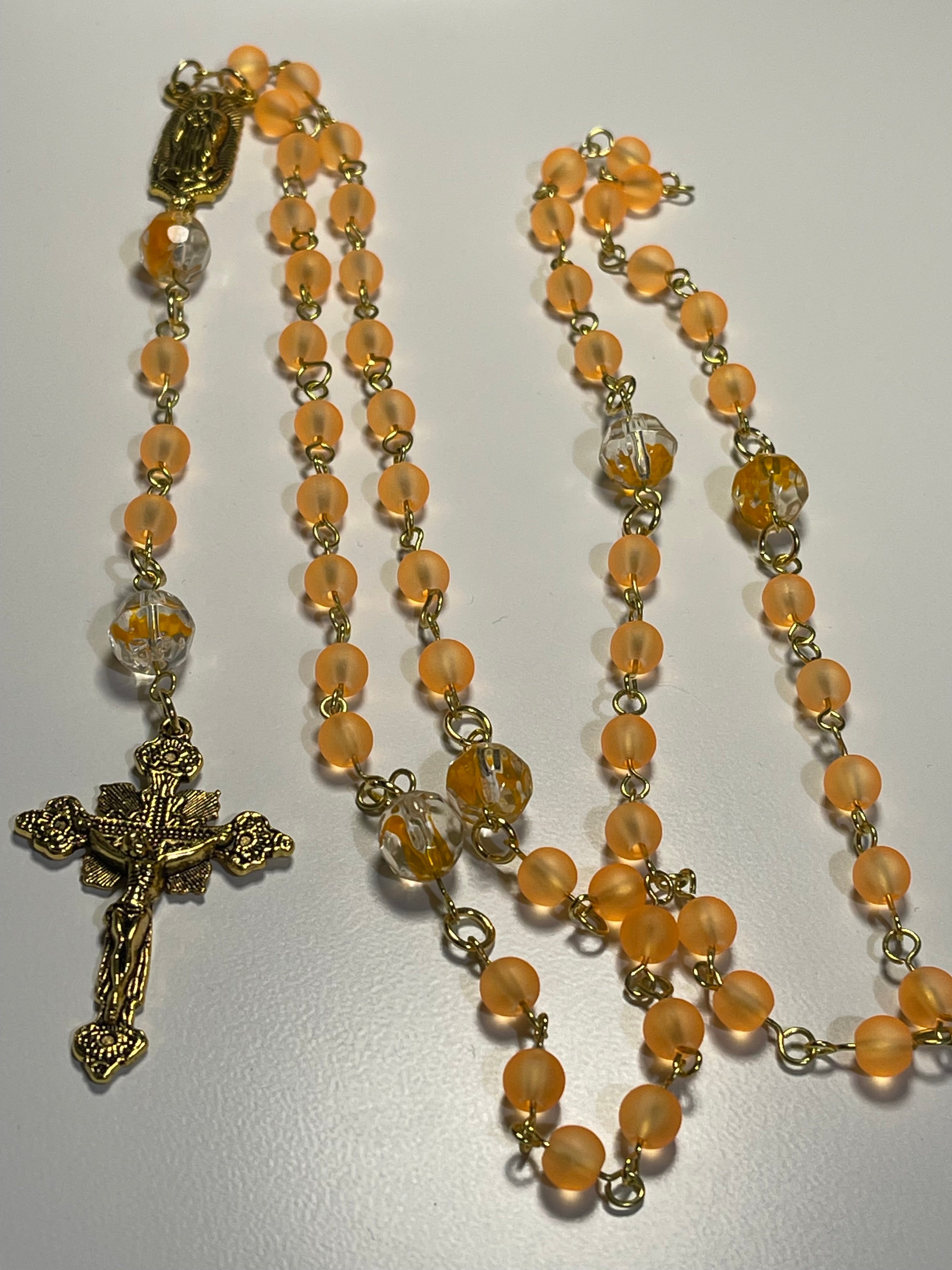 Catholic Orange Bead Rosary with Gold-Tone Crucifix & Handmade Frog Print Zipper Pouch