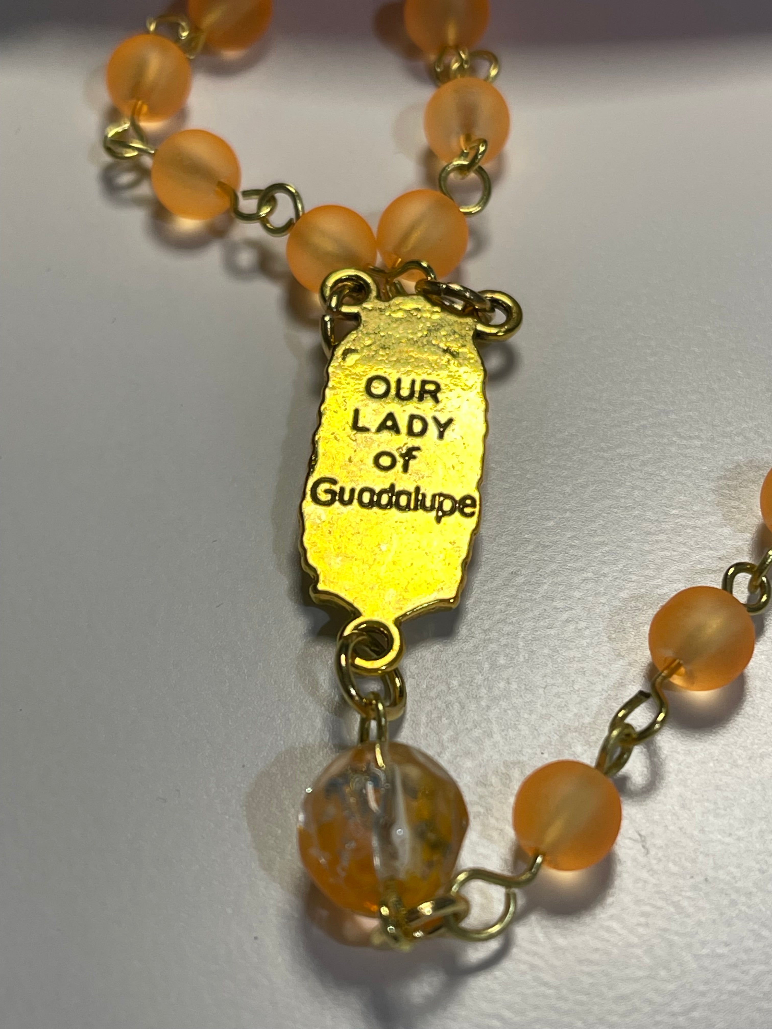 Catholic Orange Bead Rosary with Gold-Tone Crucifix & Handmade Frog Print Zipper Pouch