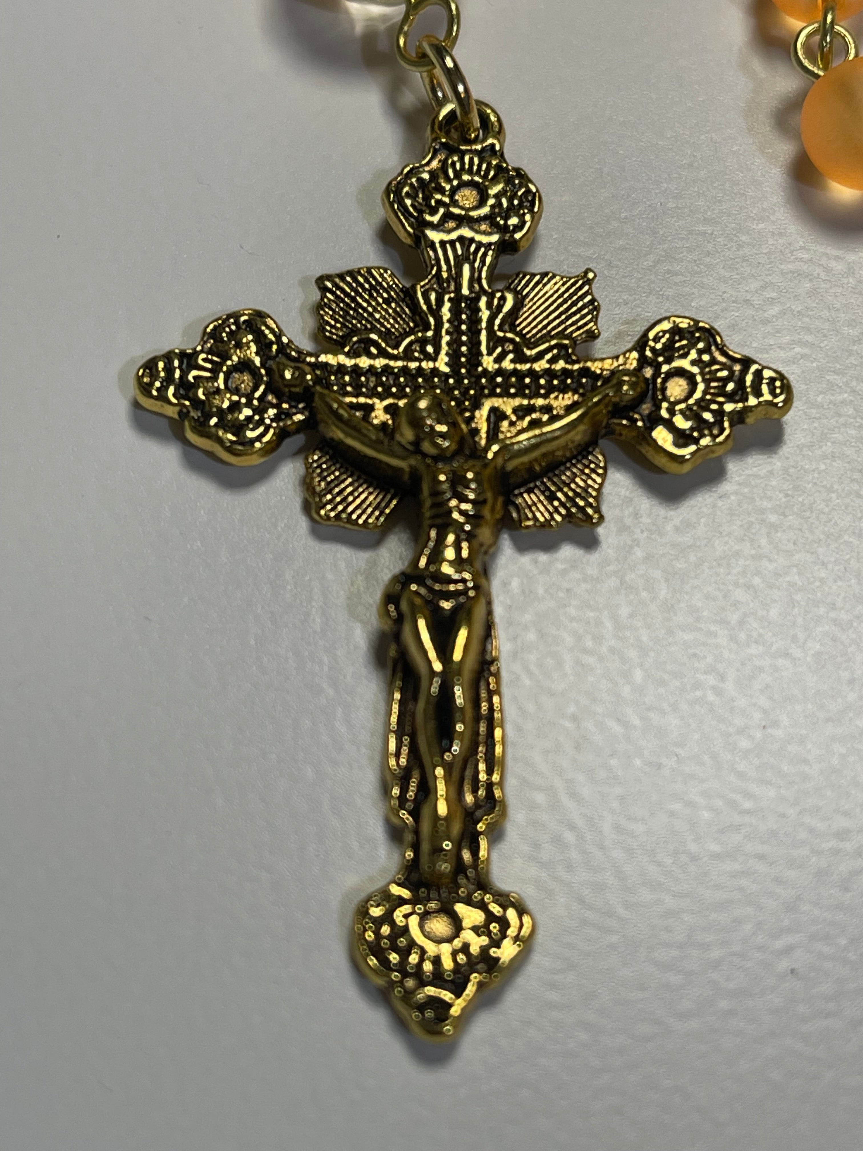 Catholic Orange Bead Rosary with Gold-Tone Crucifix & Handmade Frog Print Zipper Pouch