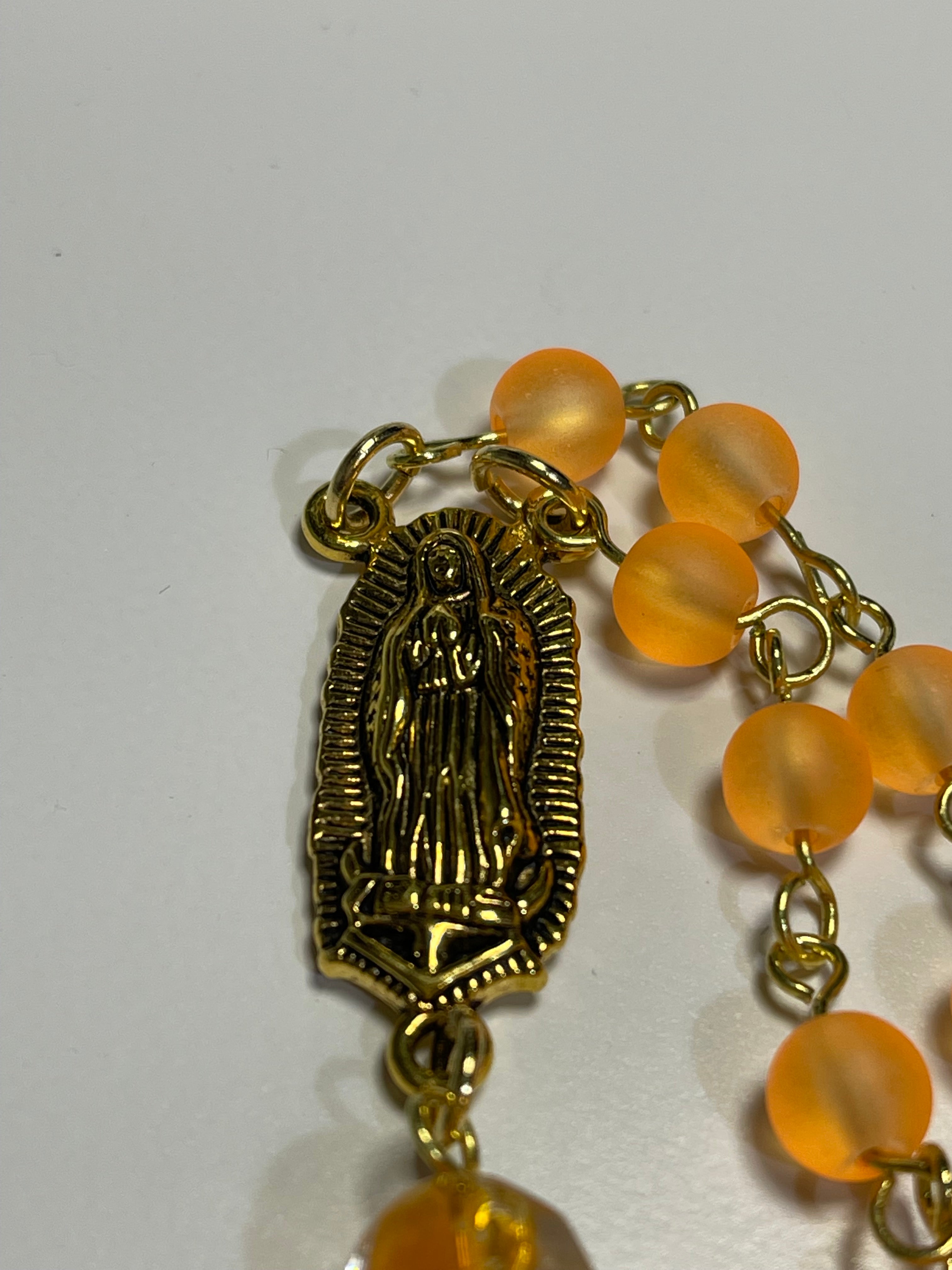 Catholic Orange Bead Rosary with Gold-Tone Crucifix & Handmade Frog Print Zipper Pouch