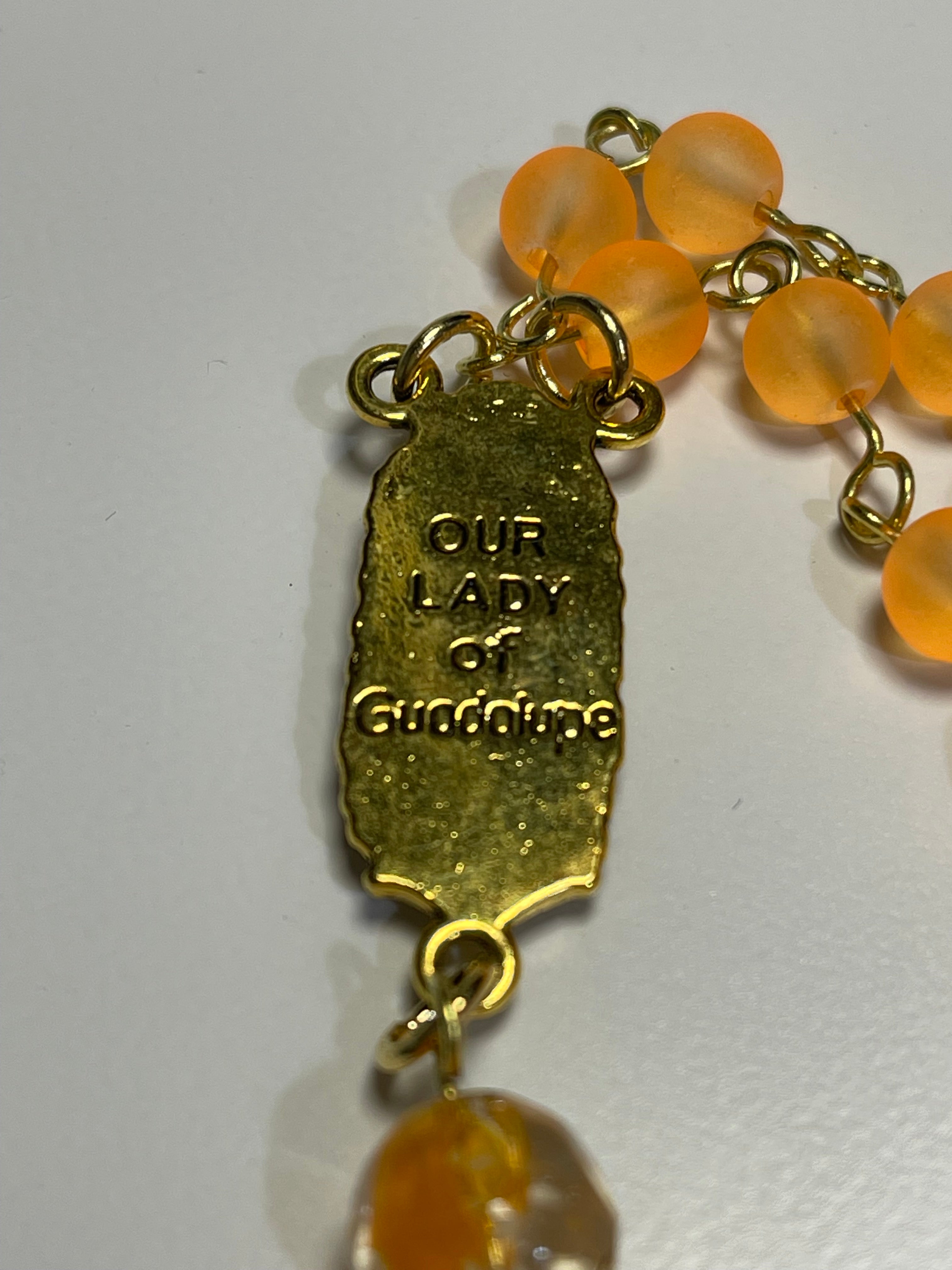 Catholic Orange Bead Rosary with Gold-Tone Crucifix & Handmade Frog Print Zipper Pouch