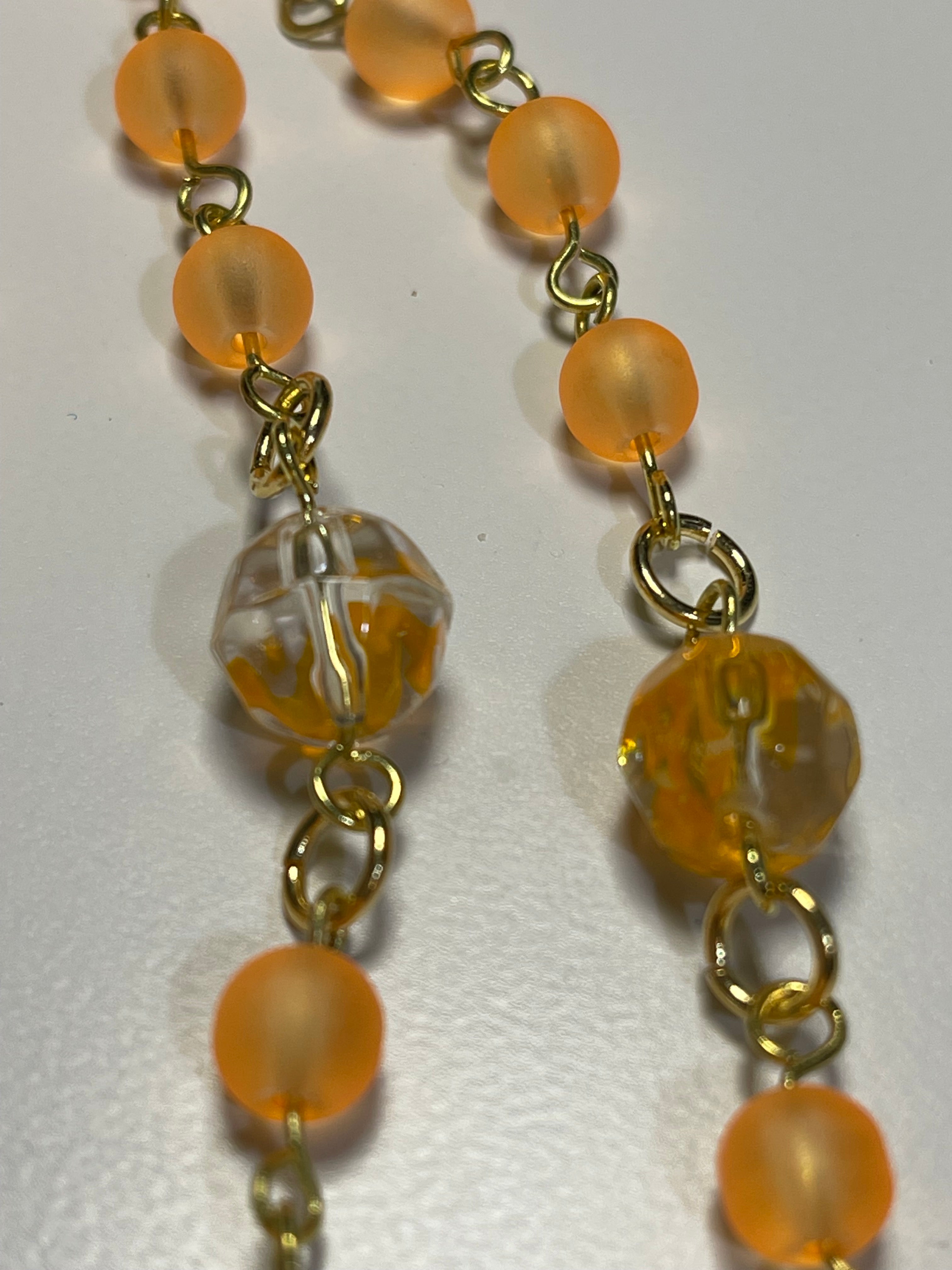Catholic Orange Bead Rosary with Gold-Tone Crucifix & Handmade Frog Print Zipper Pouch