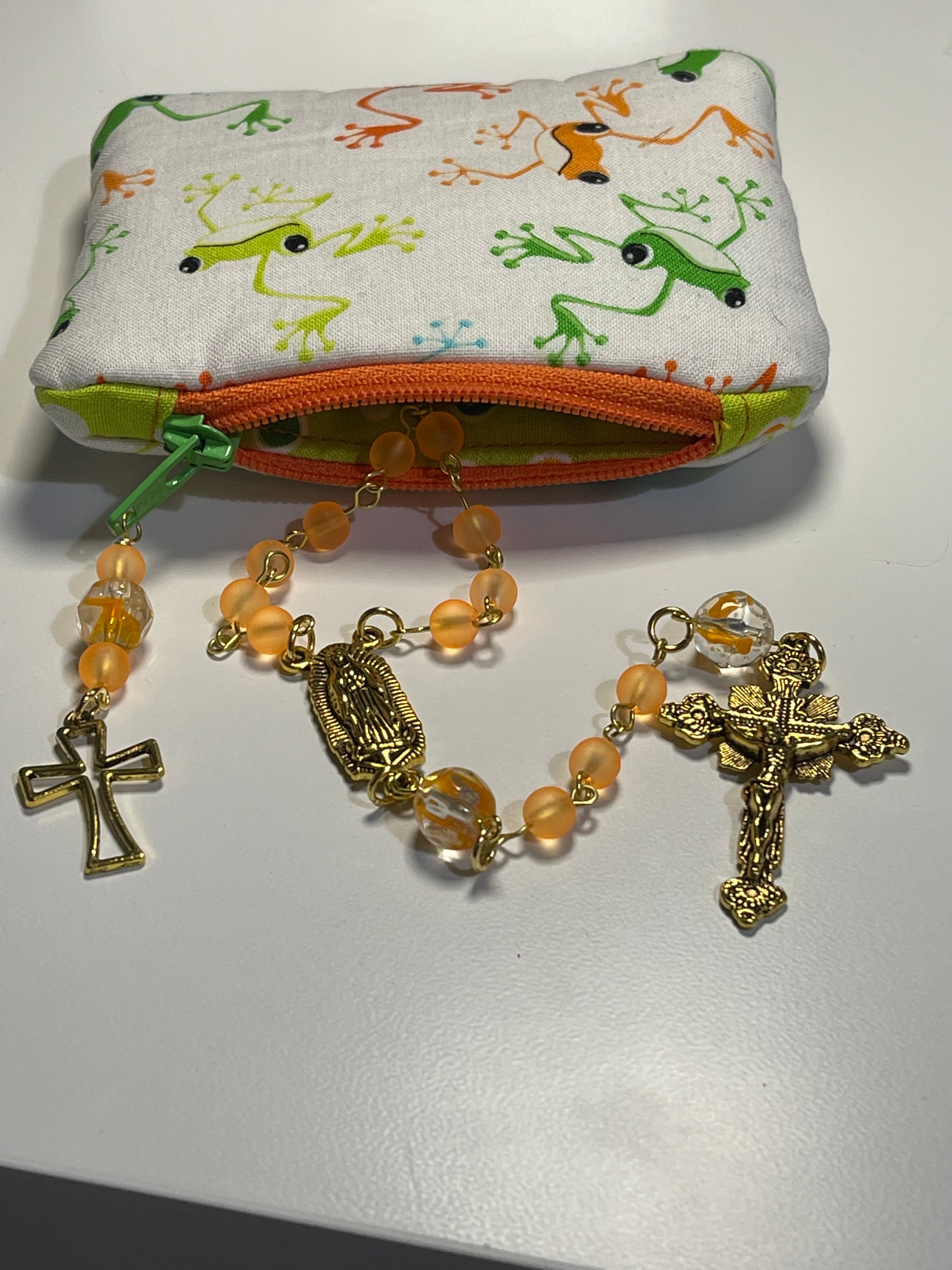 Catholic Orange Bead Rosary with Gold-Tone Crucifix & Handmade Frog Print Zipper Pouch