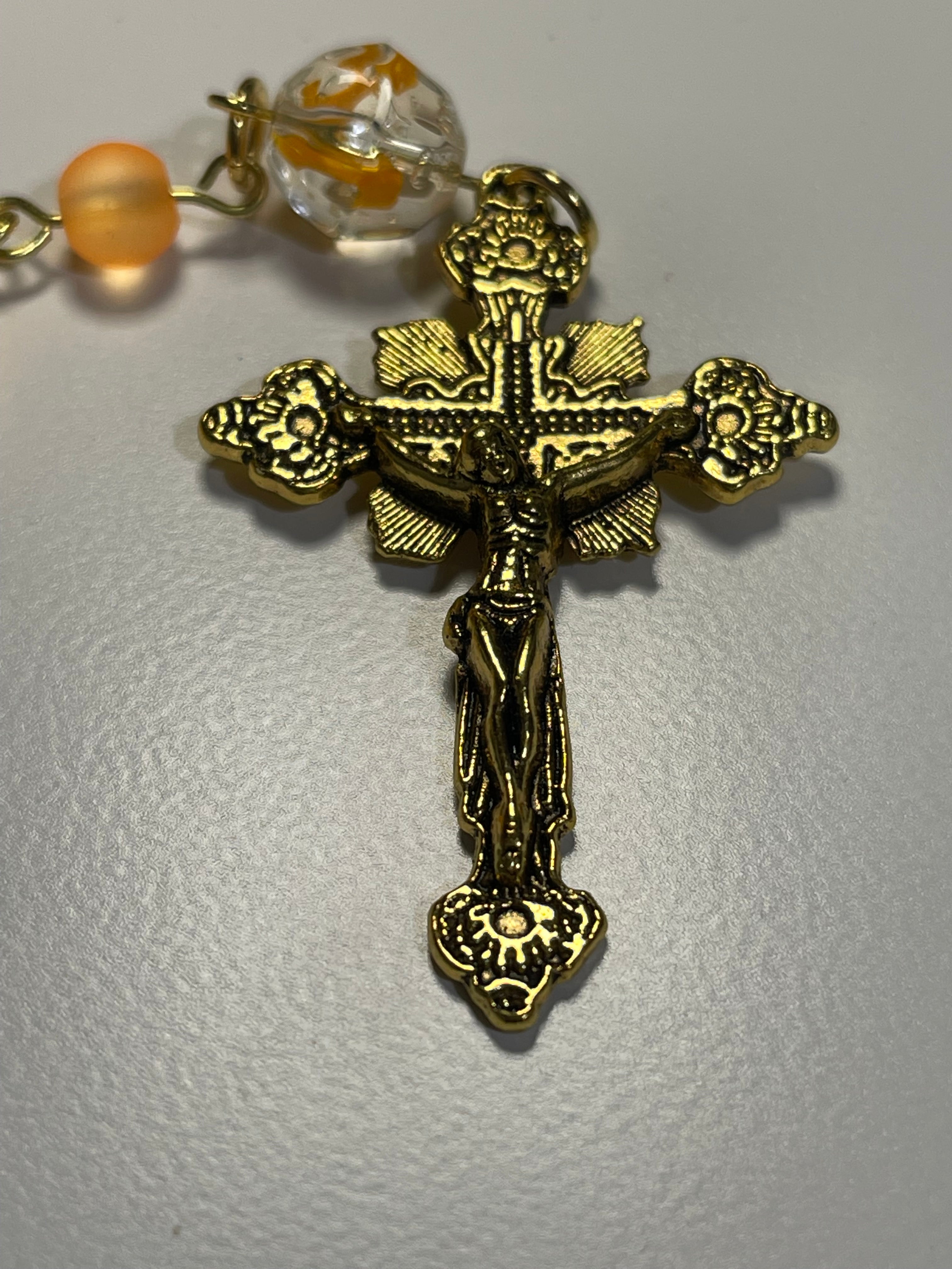 Catholic Orange Bead Rosary with Gold-Tone Crucifix & Handmade Frog Print Zipper Pouch