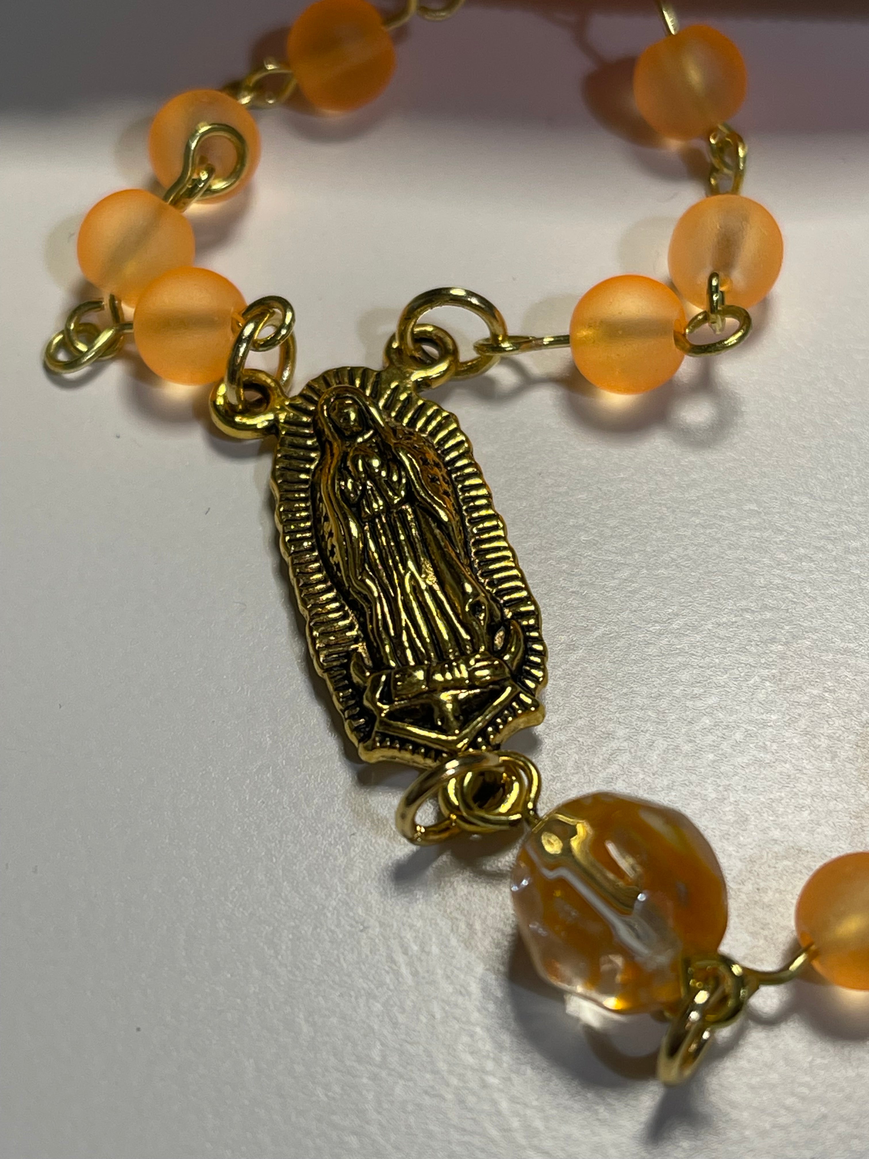 Catholic Orange Bead Rosary with Gold-Tone Crucifix & Handmade Frog Print Zipper Pouch