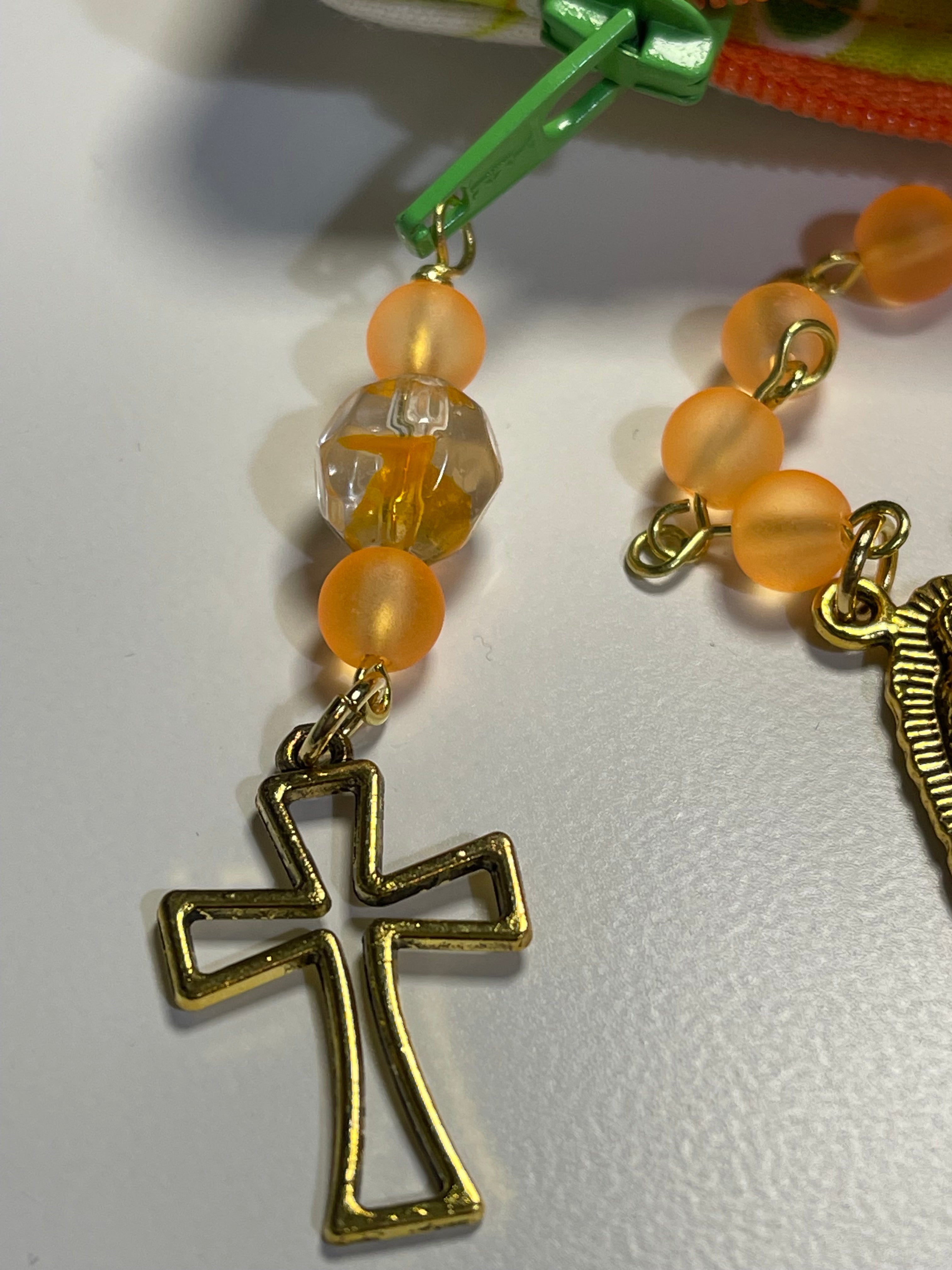 Catholic Orange Bead Rosary with Gold-Tone Crucifix & Handmade Frog Print Zipper Pouch