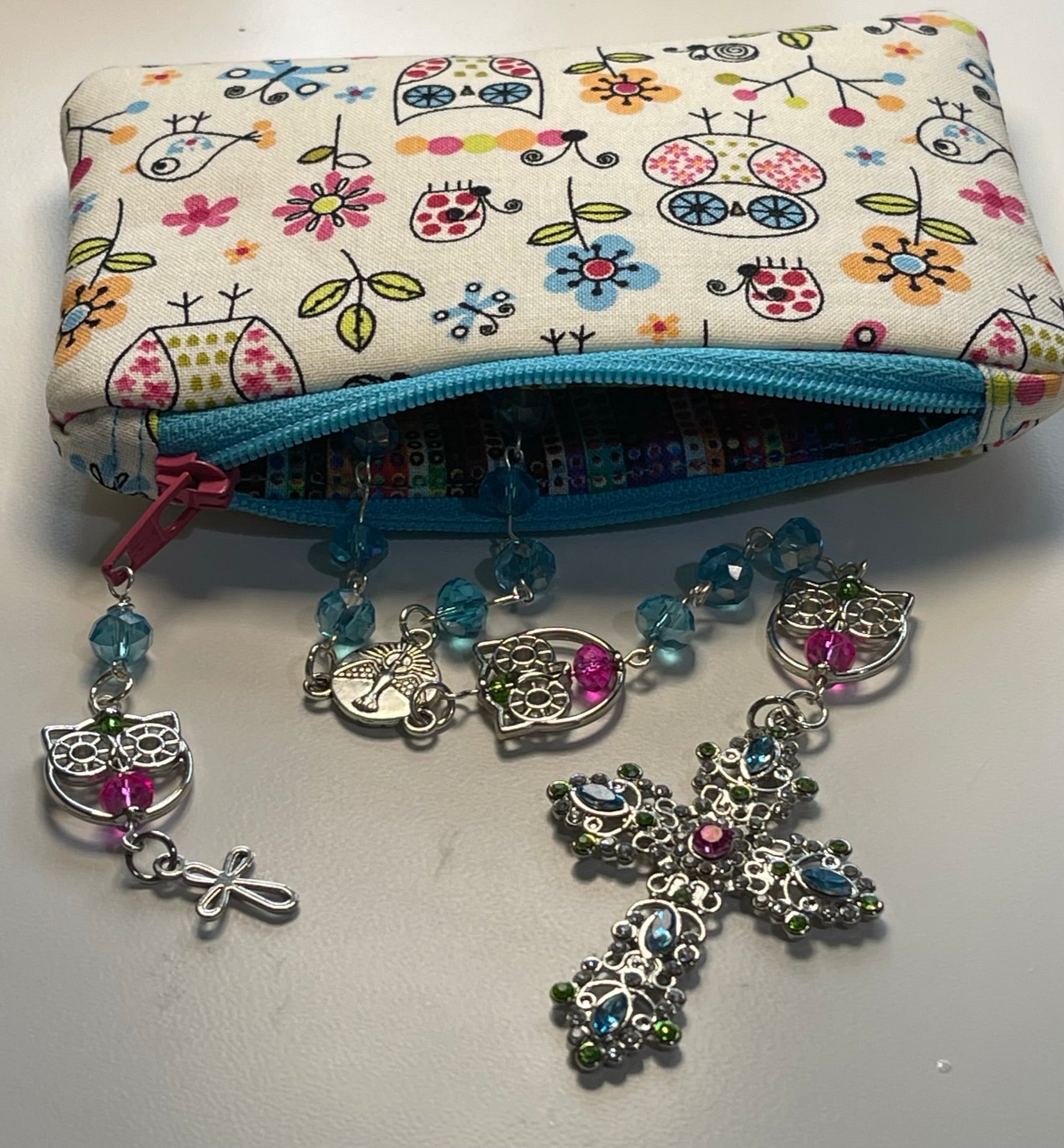 Handmade Owl-Themed Crystal Rosary with Matching Owl Print Zipper Pouch