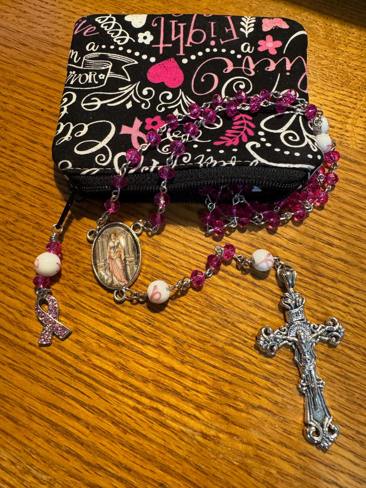 Breast Cancer Awareness Faith & Hope Rosary Zipper Pouch Set R1021