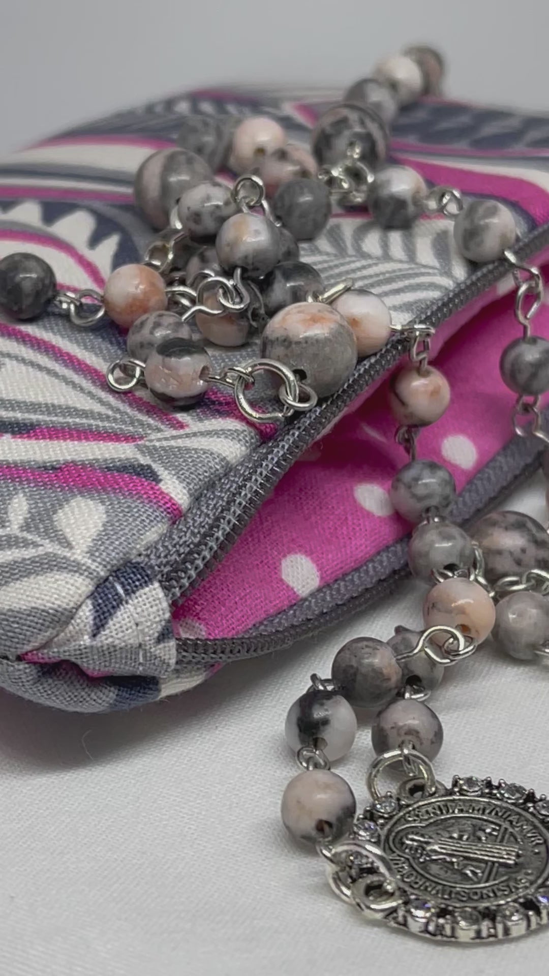 Catholic Rosary in Handmade Floral Gray and Pink Fabric Pouch