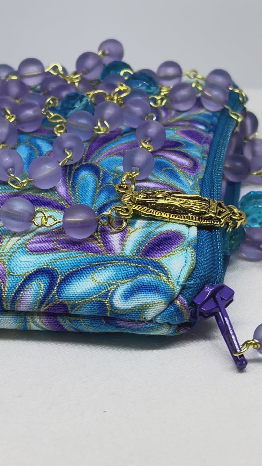 Lavender & Aqua Crystal Rosary Gift Set with Matching Swirl Print Pouch