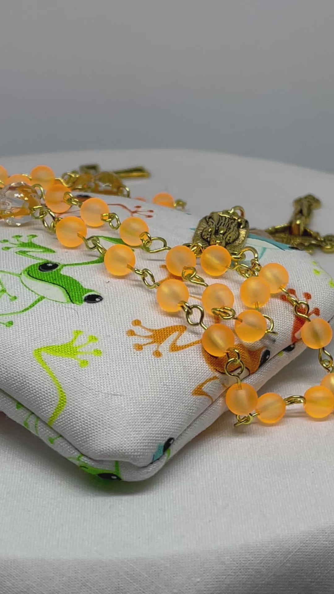 Catholic Orange Bead Rosary with Gold-Tone Crucifix & Handmade Frog Print Zipper Pouch