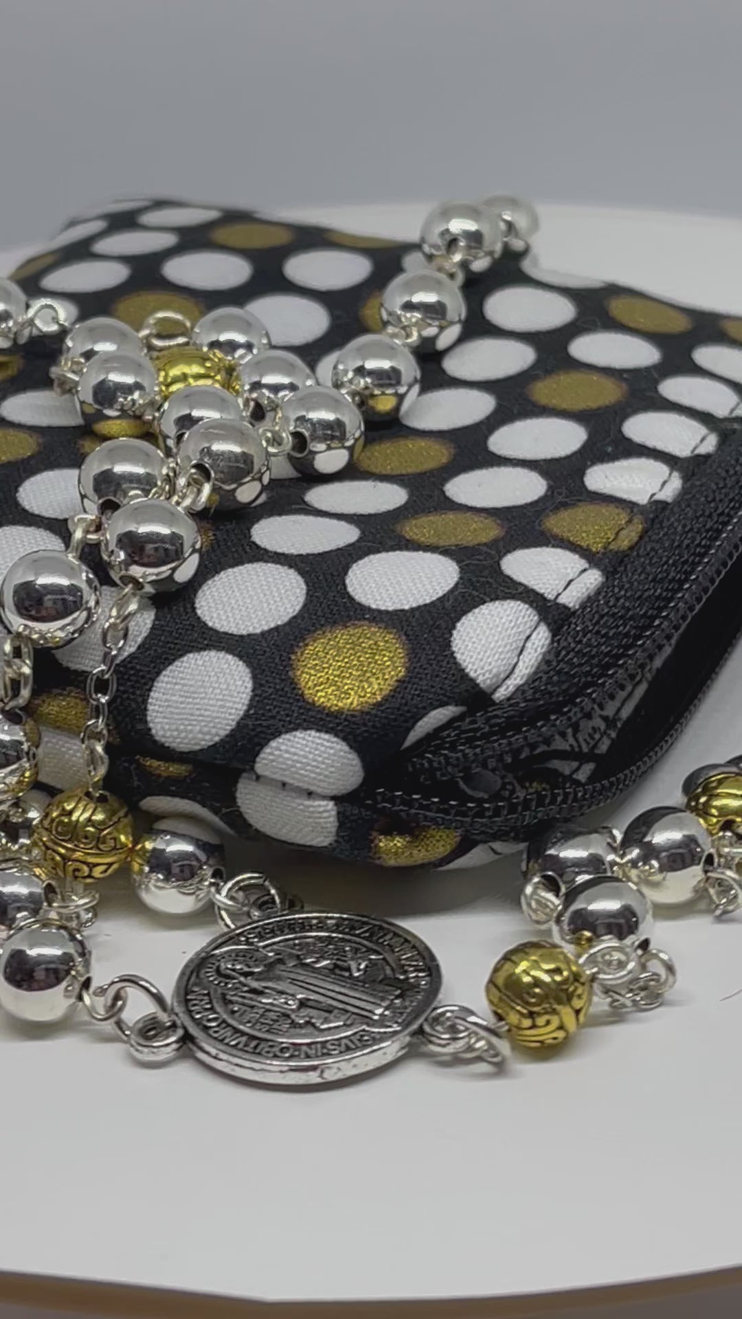 Silver and Gold Accent Rosary with Handmade Polka Dot Zipper Pouch
