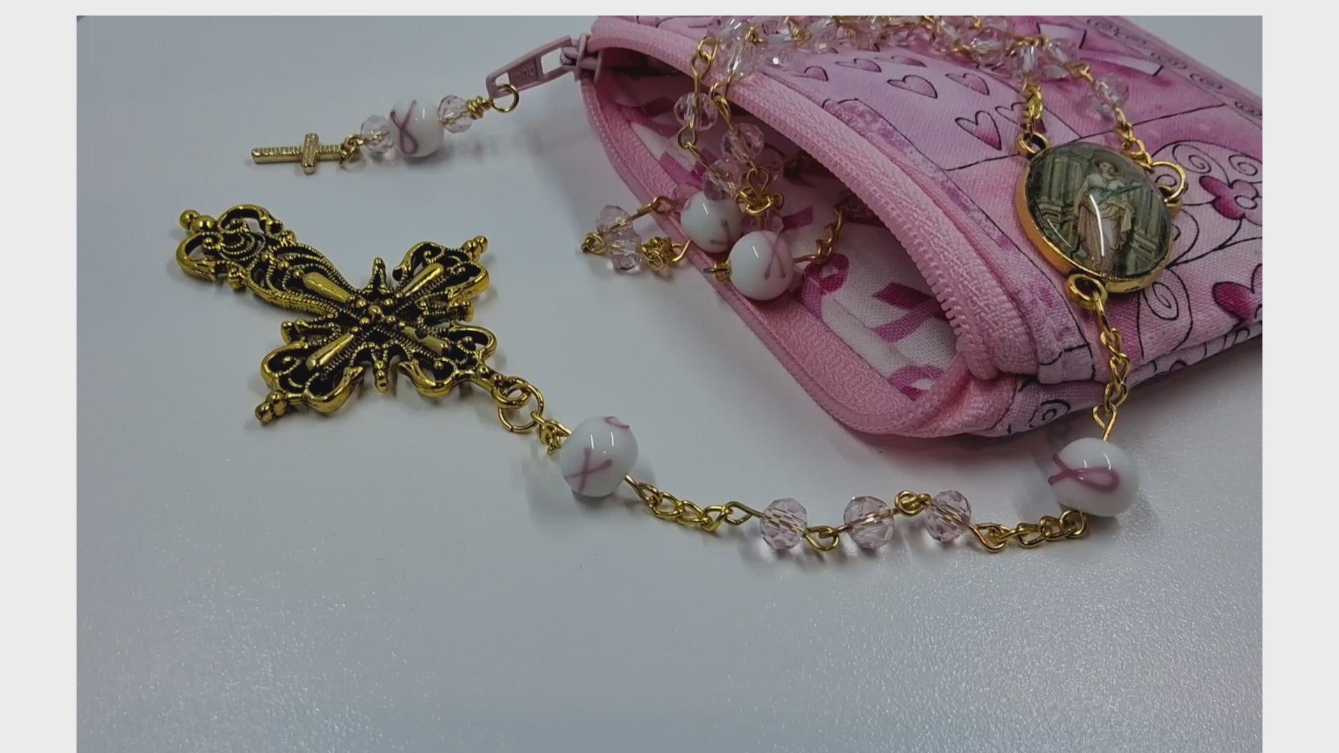 Breast Cancer Awareness Faith & Hope Rosary Zipper Pouch Set R1019