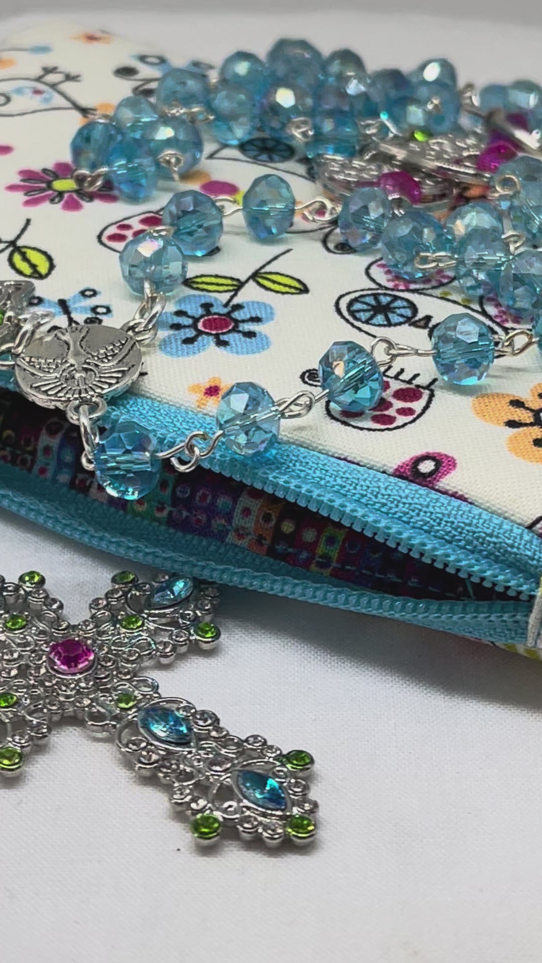 Handmade Owl-Themed Crystal Rosary with Matching Owl Print Zipper Pouch