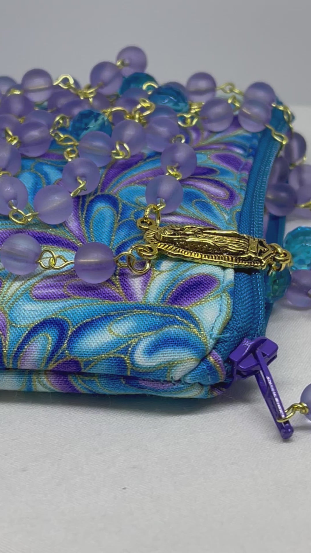 Lavender & Aqua Crystal Rosary Gift Set with Matching Swirl Print Pouch